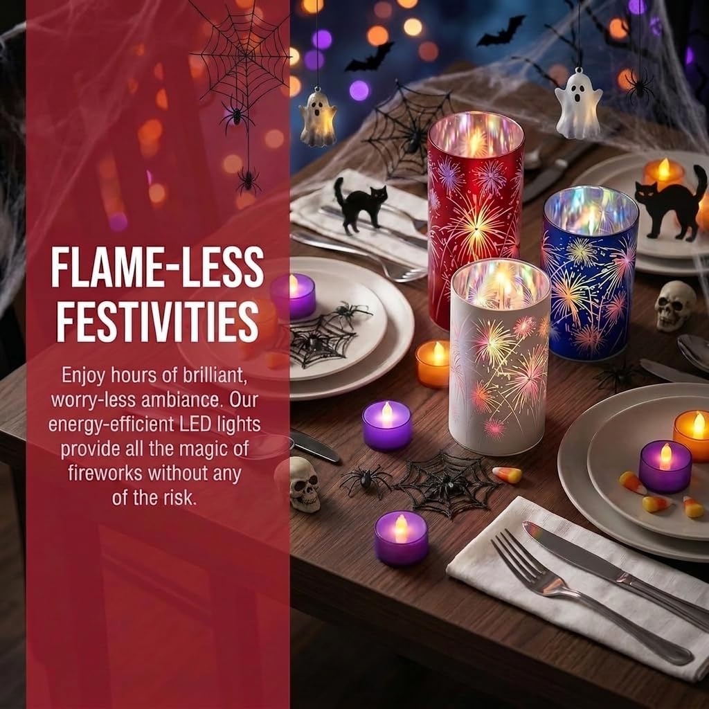 Halloween Firework Lights, Set of 3 Etched Starburst Candle Holders | LED Centerpiece, Vintage Gothic Mantle Decor, Spooky Mood Lighting for Halloween Fall Christmas, Flameless Battery Operate