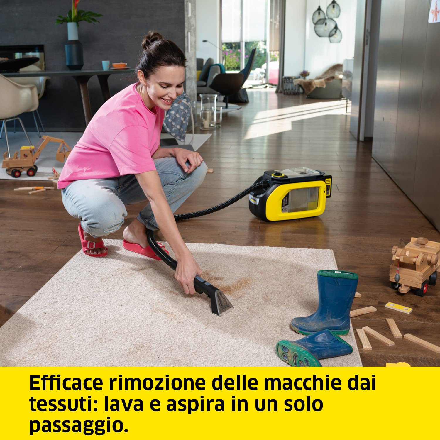 KÄRCHER Lavatappeti Smacchiatore SE 3-18 Compact, Pulitore spruzzo estrazione per Tessuti, Moquette, Auto Tappezzeria, Divani e Imbottiti, Completo di bocchetta tessuti e pavimenti