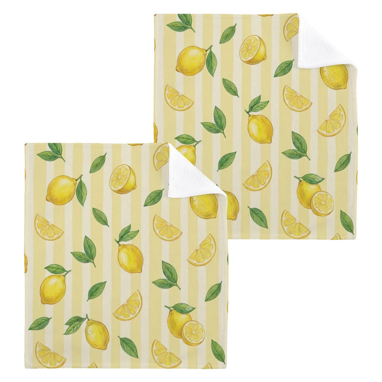 BOESI Yellow Lemon Stripe 12x12in Cotton Washcloth,Face Towel
