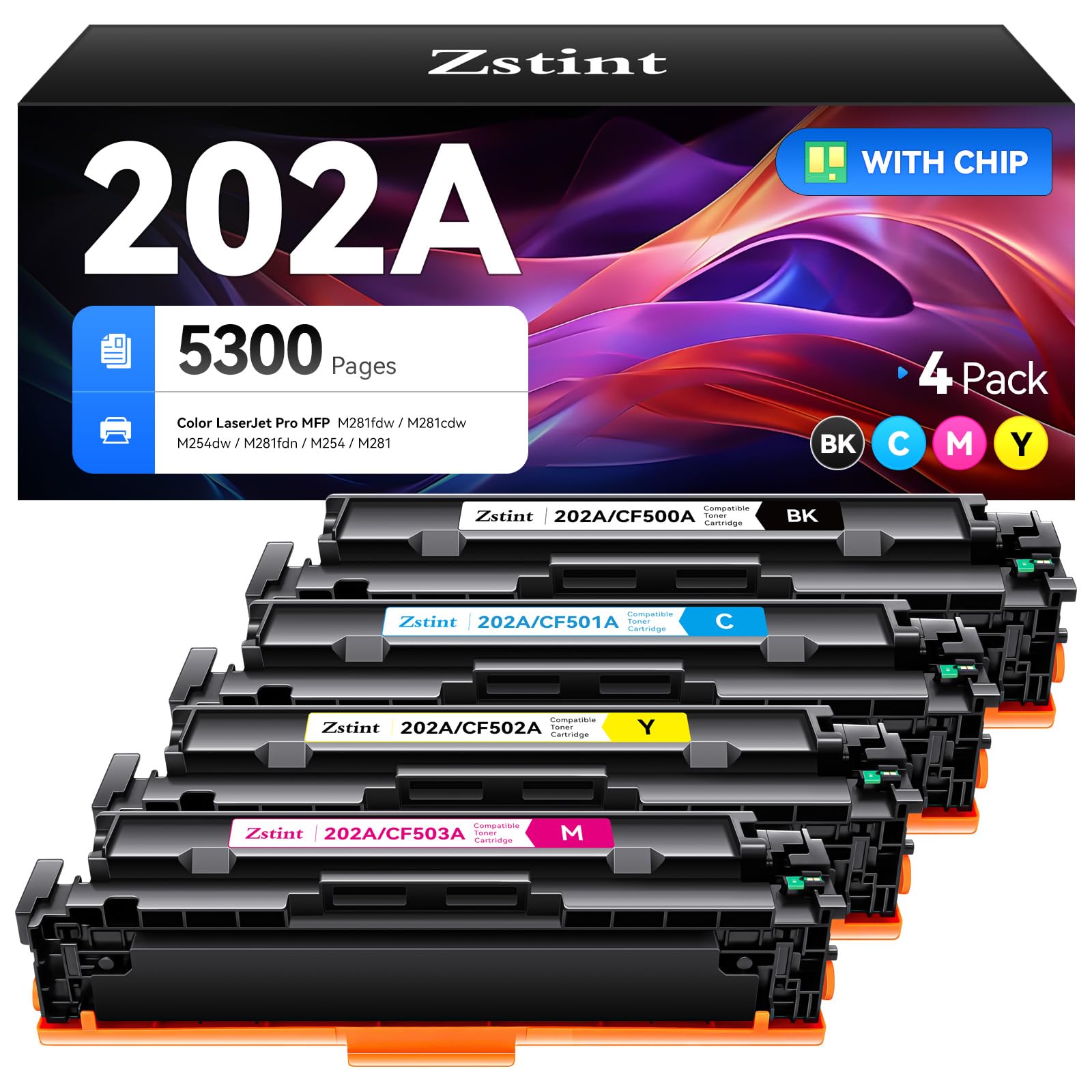 202A Toner Cartridge set 4-Pack Replacement for HP 202A 202X CF500A CF501A CF502A CF503A Compatible with HP Color LaserJet Pro MFP M281cdw M281fdw M254dw M254dn M254nw M281fdn M280nw M254 M281 Printer