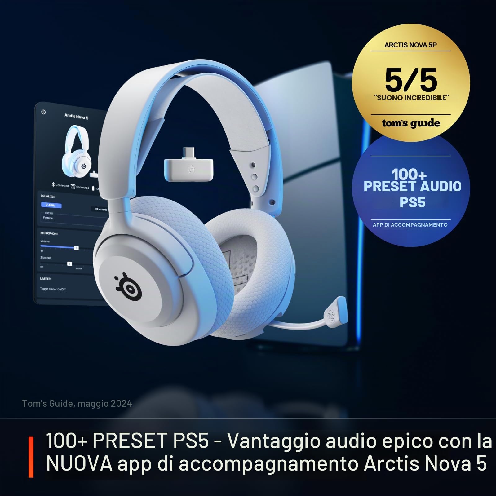 SteelSeries Arctis Nova 5 Cuffie wireless multisistema da gioco — Bianco — Driver magnetici al neodimio — Più di 100 preset audio — Batteria 60 HR — 2.4 GHz o BT