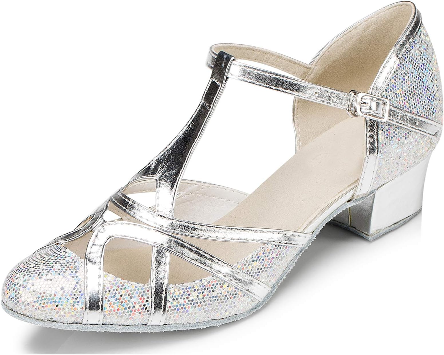 Women's T-Strap Dance Heels Glitter Salsa Ballroom Shoes Wedding Party Pumps