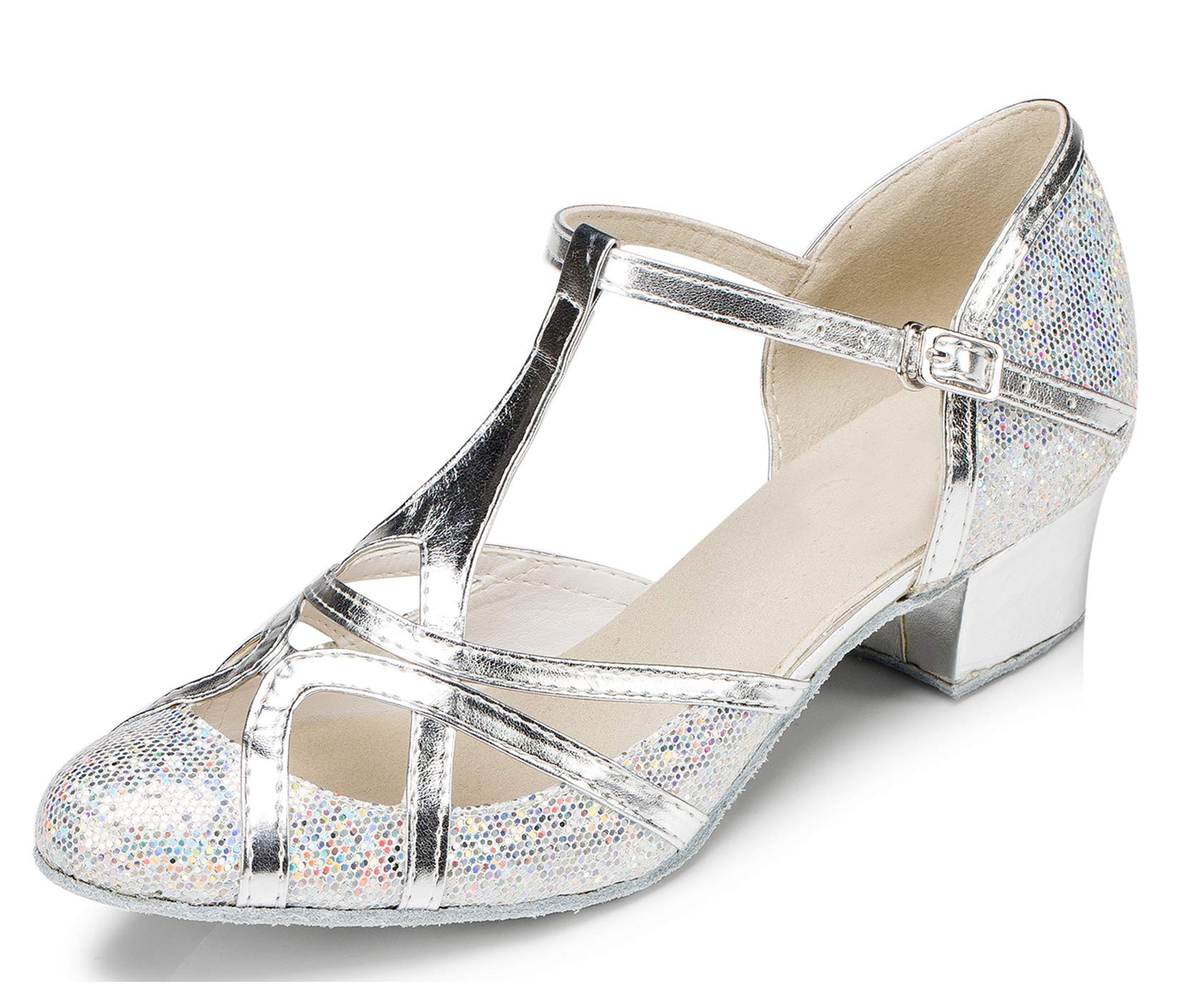 Women's T-Strap Dance Heels Glitter Salsa Ballroom Shoes Wedding Party Pumps