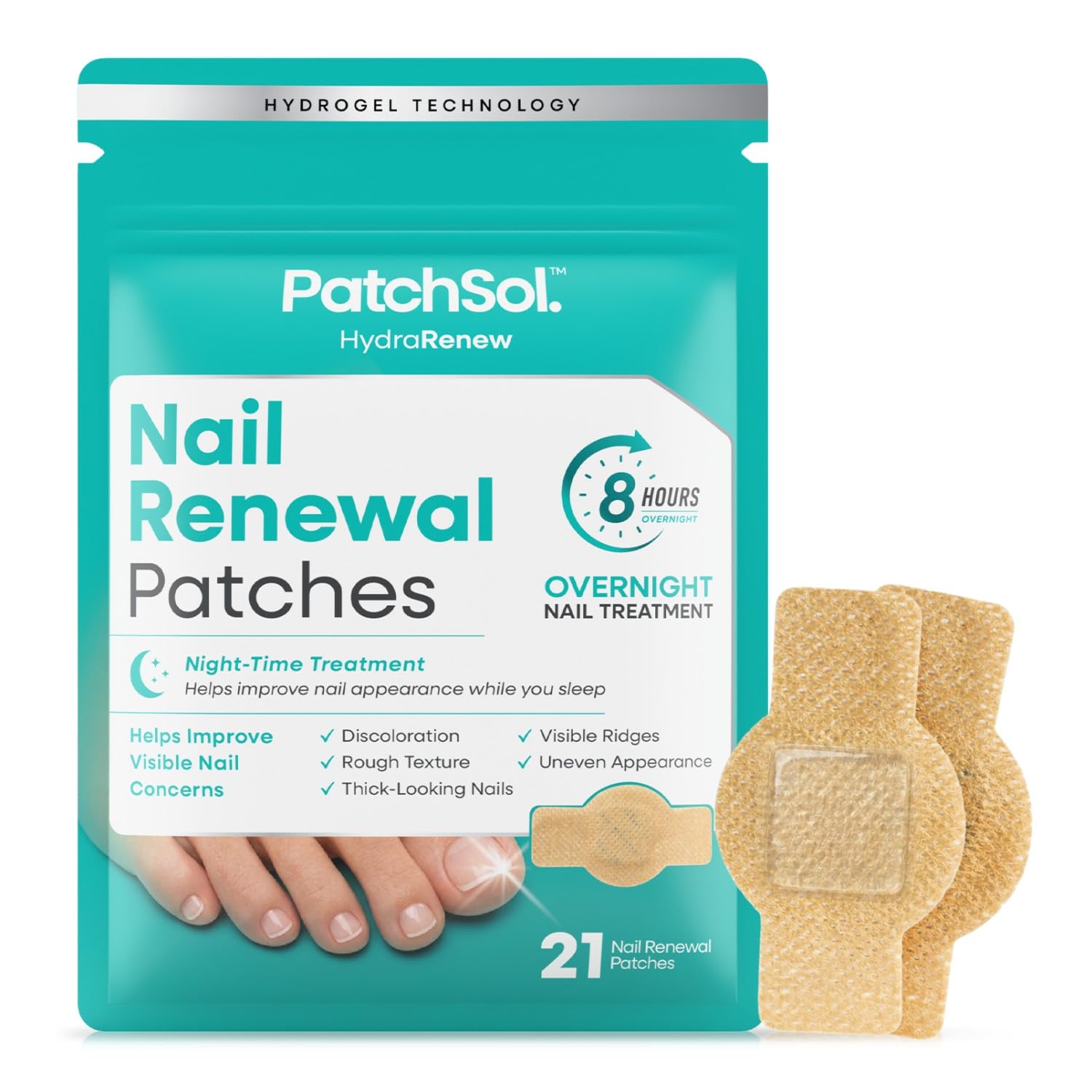 Nail Renewal Patches – 21 Patches – Overnight Hydrogel Nail Care for Thick, Discolored & Rough Looking Nails – Nail Care and Repair for Toenails & Fingernails, Men & Women – PatchSol HydraRenew