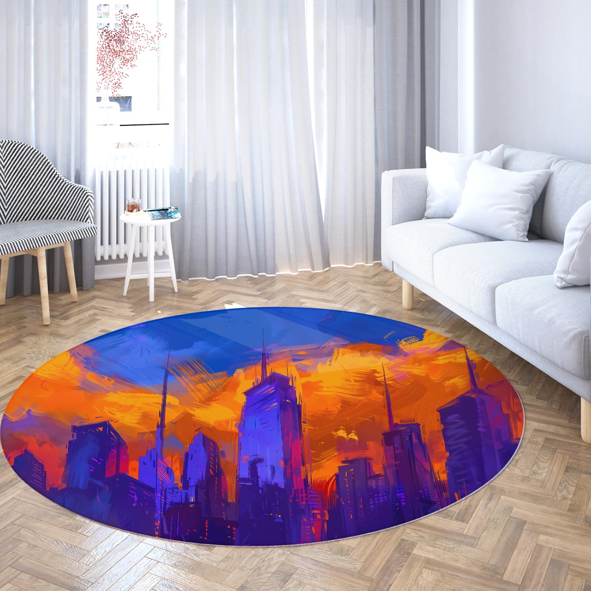 Tapis rond 200cm City Skyline lavable et antidérapant pour salon chic