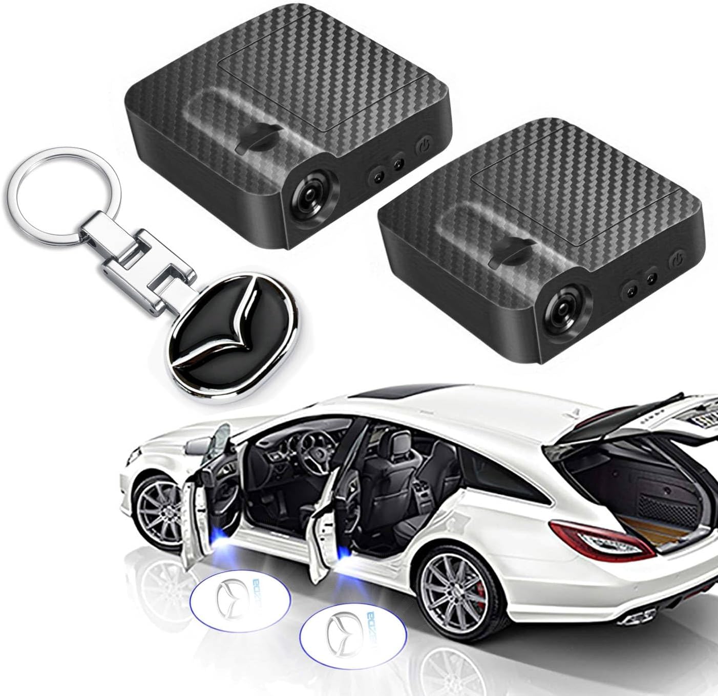 Creative Car Logo Keychain & 2 Pcs Car Door Logo Projector Lights -MZD