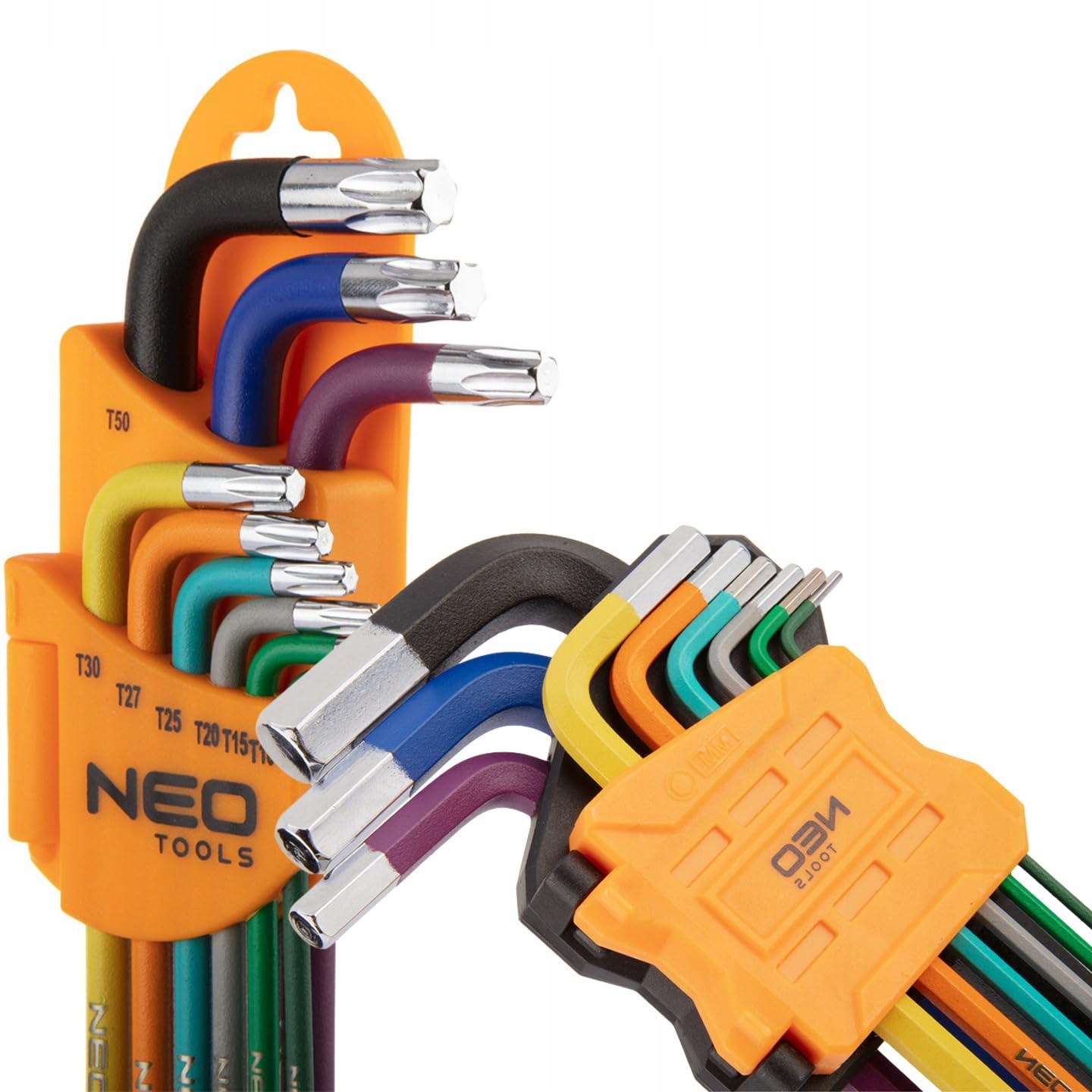 NEO TOOLS Innensechskant Satz 18tlg | Torx T10 -T50 und Hex 1,5 mm - 10 mm | Multicolour Innensechskant aus S2 Stahl | Lang Winkelschlüsselsatz mit Kugelkopf - Set in Kunststoffclip