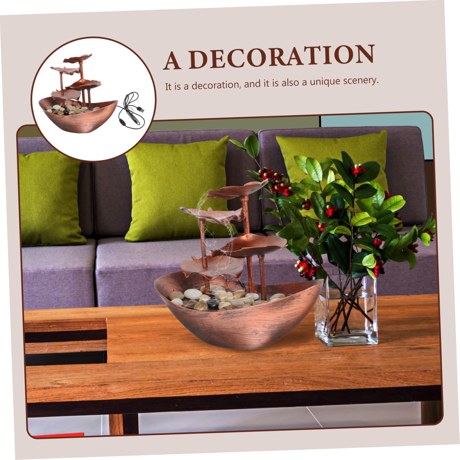 Ciieeo Creative Desktop Lotus Leaf Ingot Fountain LED Night Light Antique Bronze Tabletop Waterfall Ornament for Living Room Decor