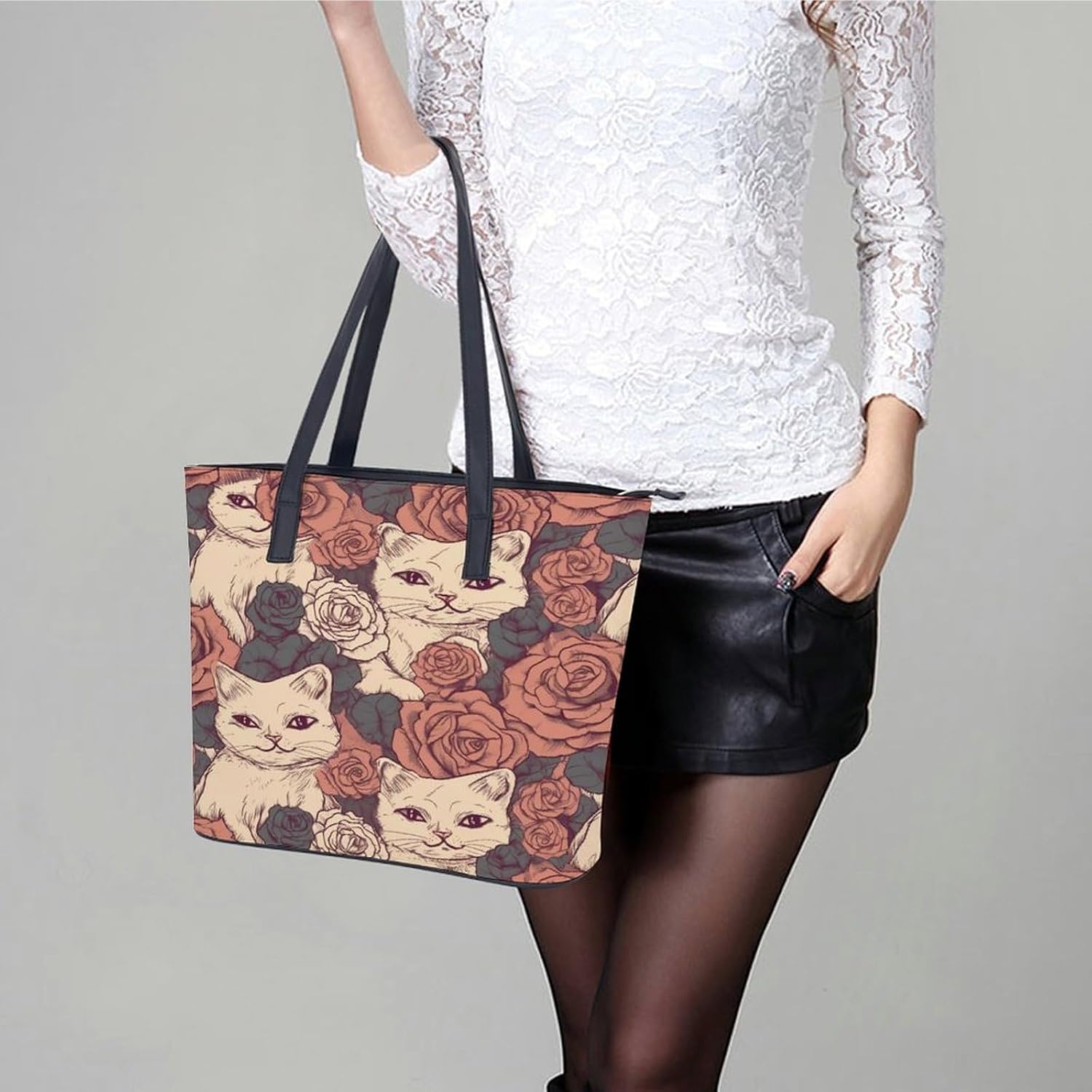 Rose Cat Tote Bag with Reinforced Bottom & Handles,Gym Bag Durable And Tip-proof,Weekender Bag to Top Zipper Closure,Daily Essentials