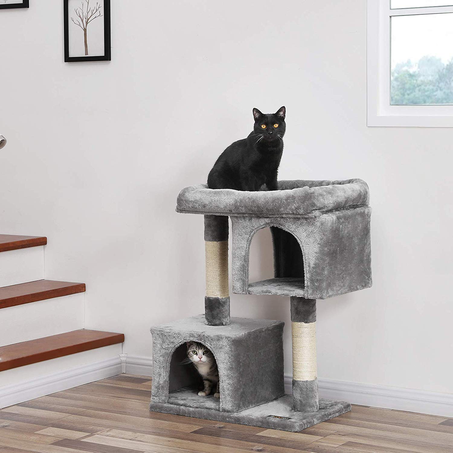 Feandrea Árbol para Gatos, Torre de Juegos 84 cm, L, Casa para Gatos de hasta 7 kg, Plataforma Grande, 2 Cuevas, Rascador, Gris Claro PCT61W