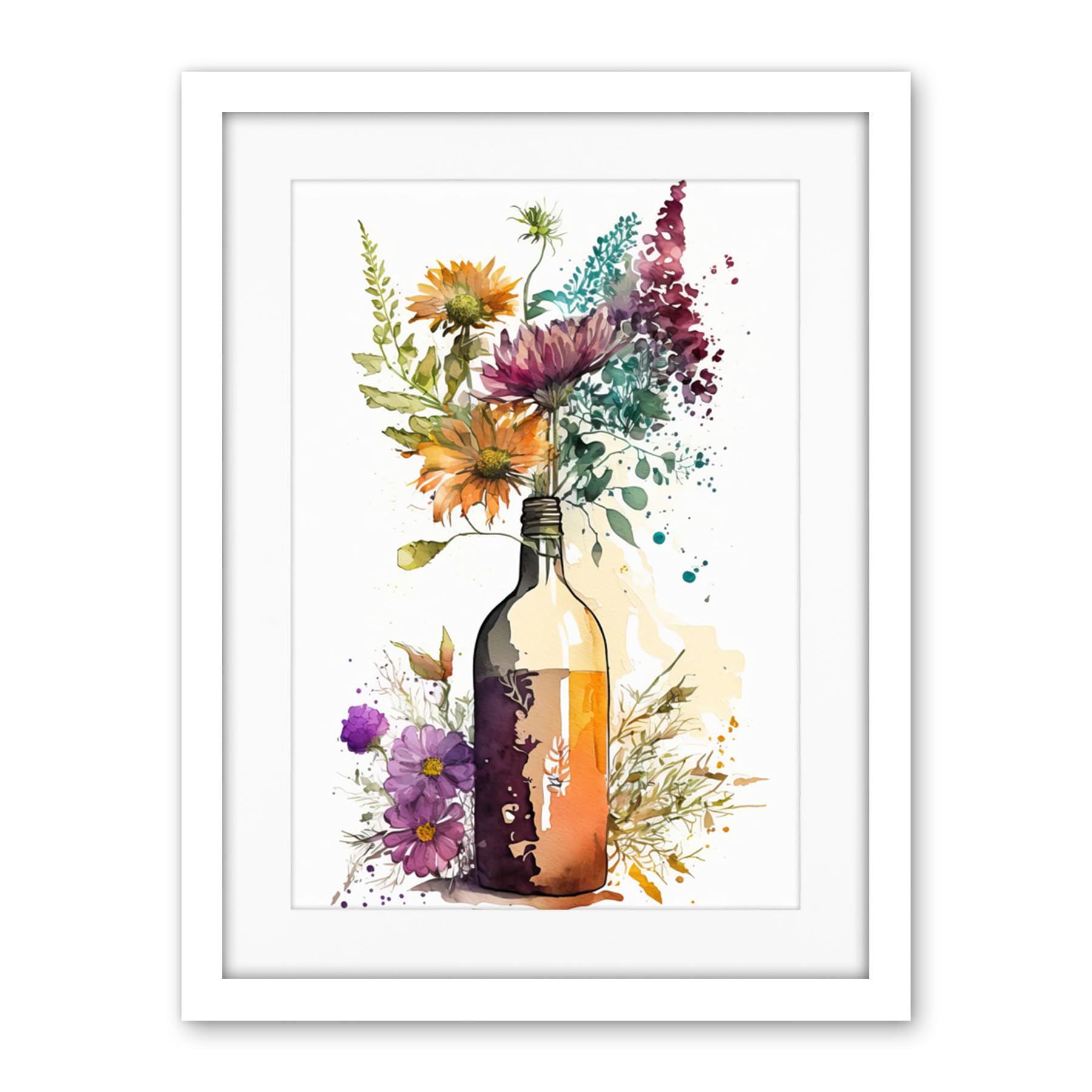 Artery8 Spring Wildflower Bouquet in a Glass Wine Bottle Artwork Framed Wall Art Print 18X24 Inch