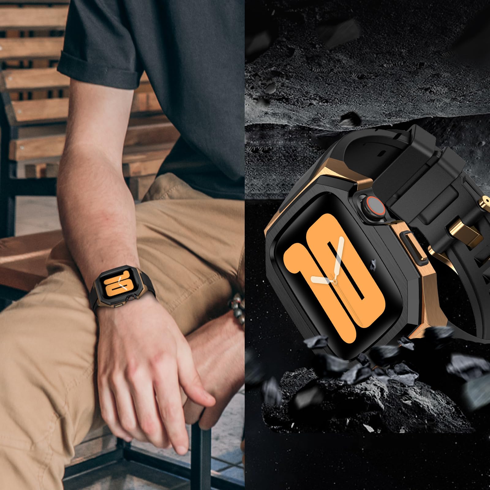Lujosa funda de metal con correa compatible con Apple Watch 44 mm, 45 mm, 49 mm, resistente funda para hombre con correa de silicona suave para iWatch Serie 8/7/6/SE/5/4 e iWatch Ultra 49 mm