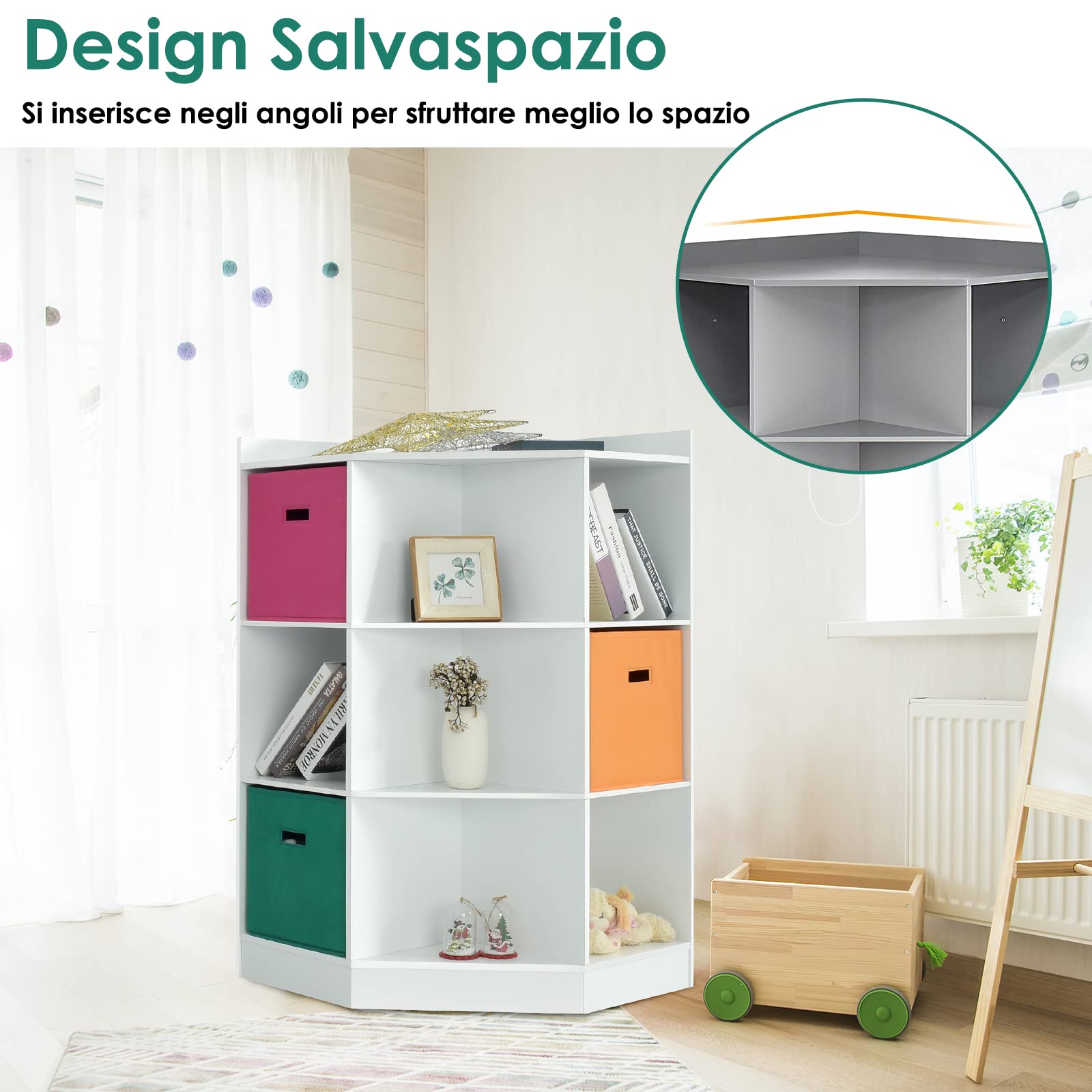 GYMAX Armadio Angolare con 9 Scomparti e 3 Cassetti in Stoffa, MDF, Design Salvaspazio, Aspetto Elegante, Facile Montaggio, Mobile di Servizio per Soggiorno, Studio e Cameretta