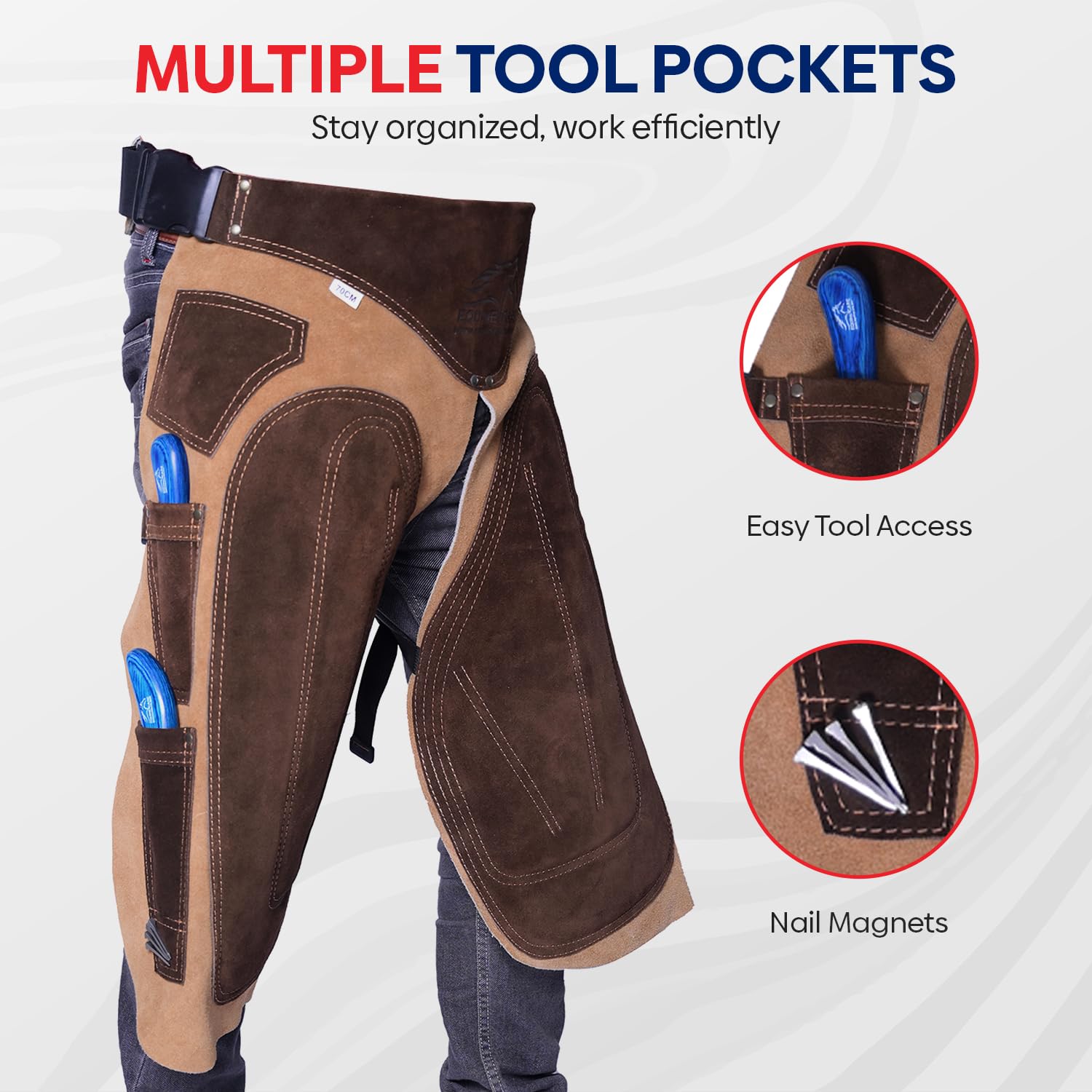 Equine Care Delantal Farrier – Cuero de gamuza de vaca de 25 pulgadas, soporte trasero, 4 bolsillos para cuchillos de pezuña, 2 imanes de uñas, cintura ajustable de 28 a 52 pulgadas, rodilleras,