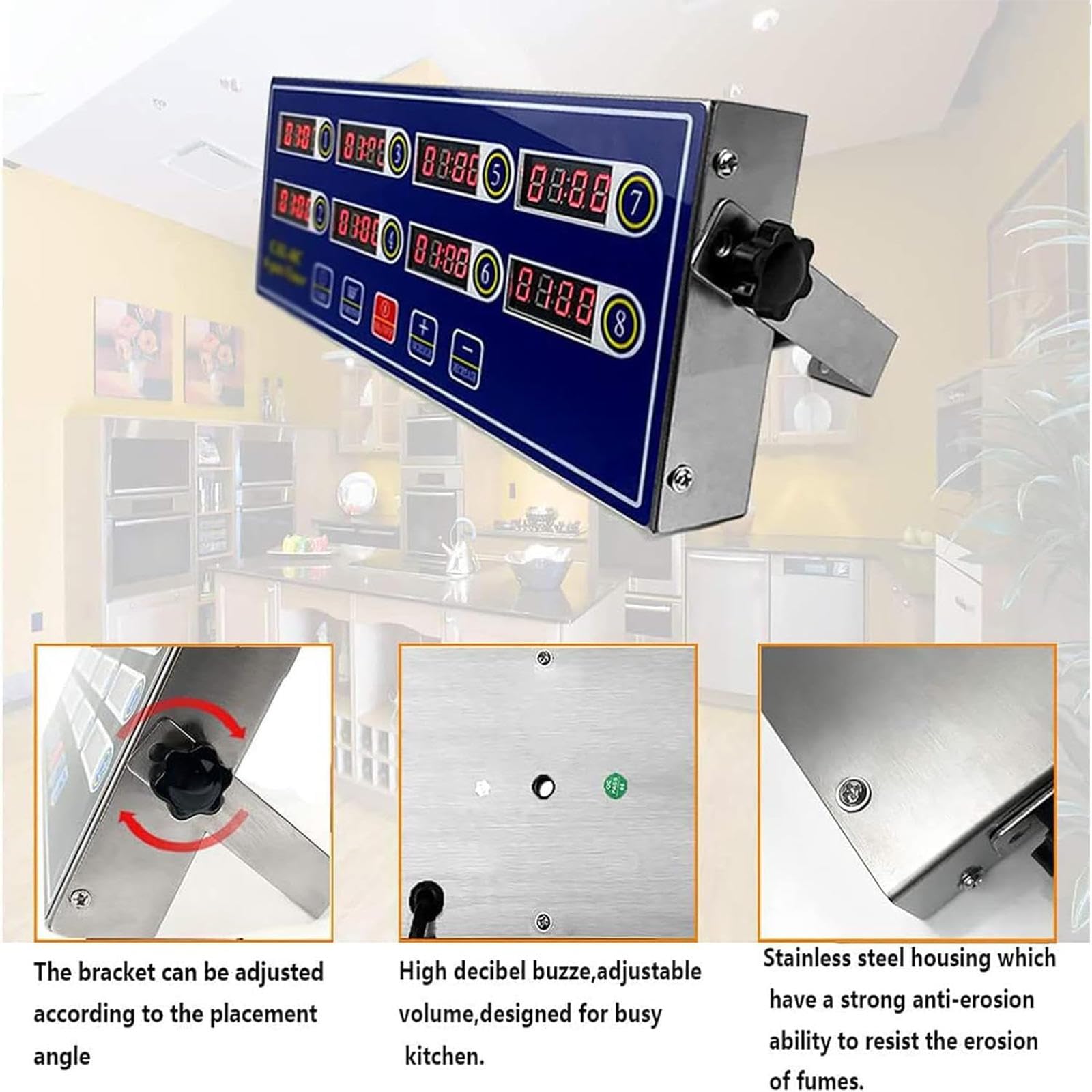 Temporizador de Cocina Comercial, temporizadores Digitales de Restaurante de 8 Canales, Herramienta de recordatorio de Cocina, con Volumen de Alarma Ajustable de 3 Niveles