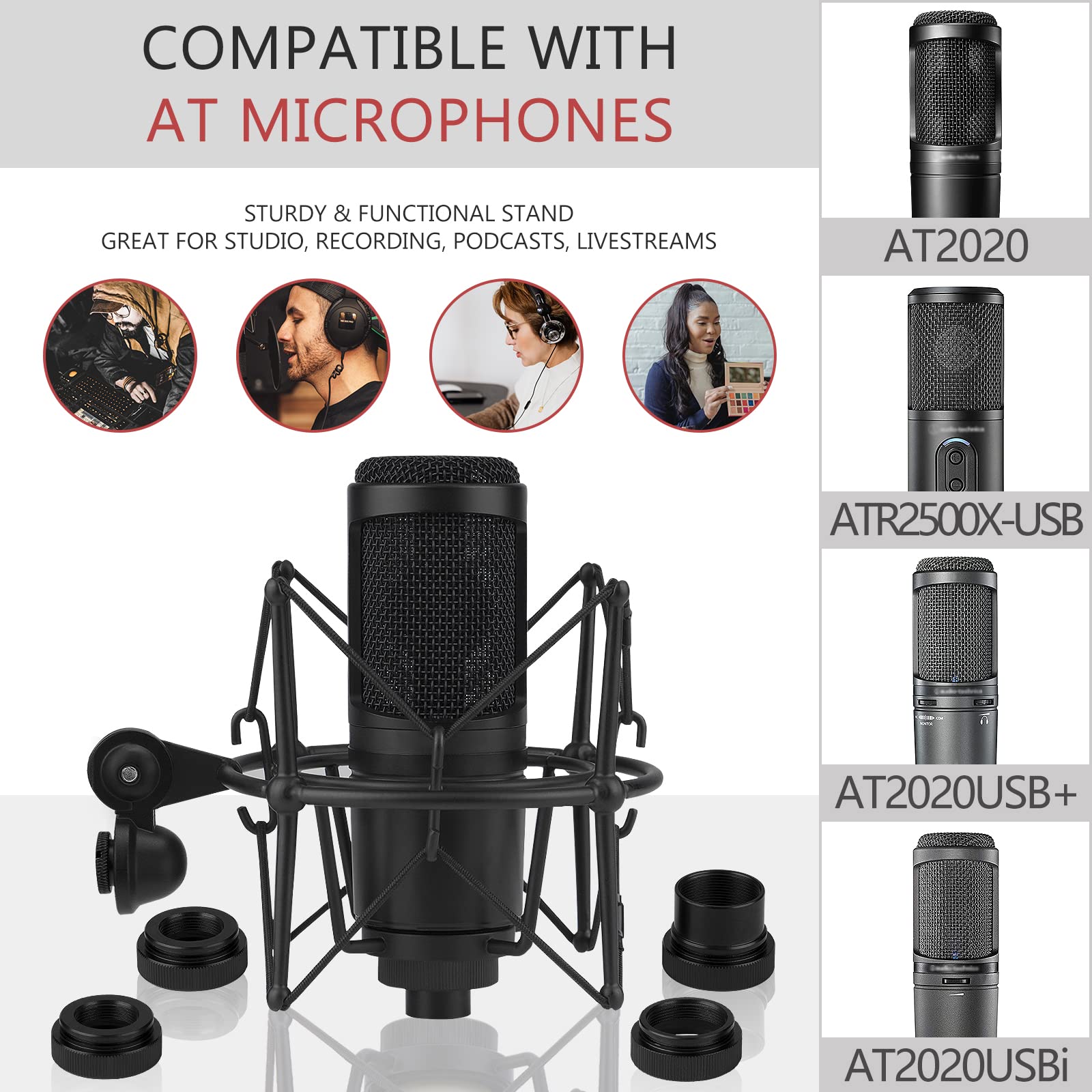 Geekria Support Anti-Vibrations pour Microphone Creators Compatible avec Audio-Technica AT2020, AT2020USB, AT2020USB+, AT2020USBi, Pince Adaptateur de Suspension Anti-Vibrations (Noir/métal)