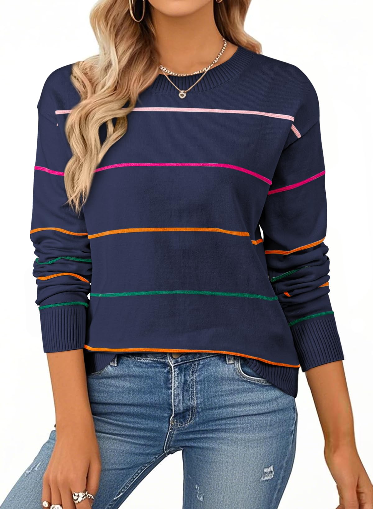 SHEWIN Womens Sweaters Crew Neck Knit Long Sleeve Striped Sweater Fall Outfits for Women 2025