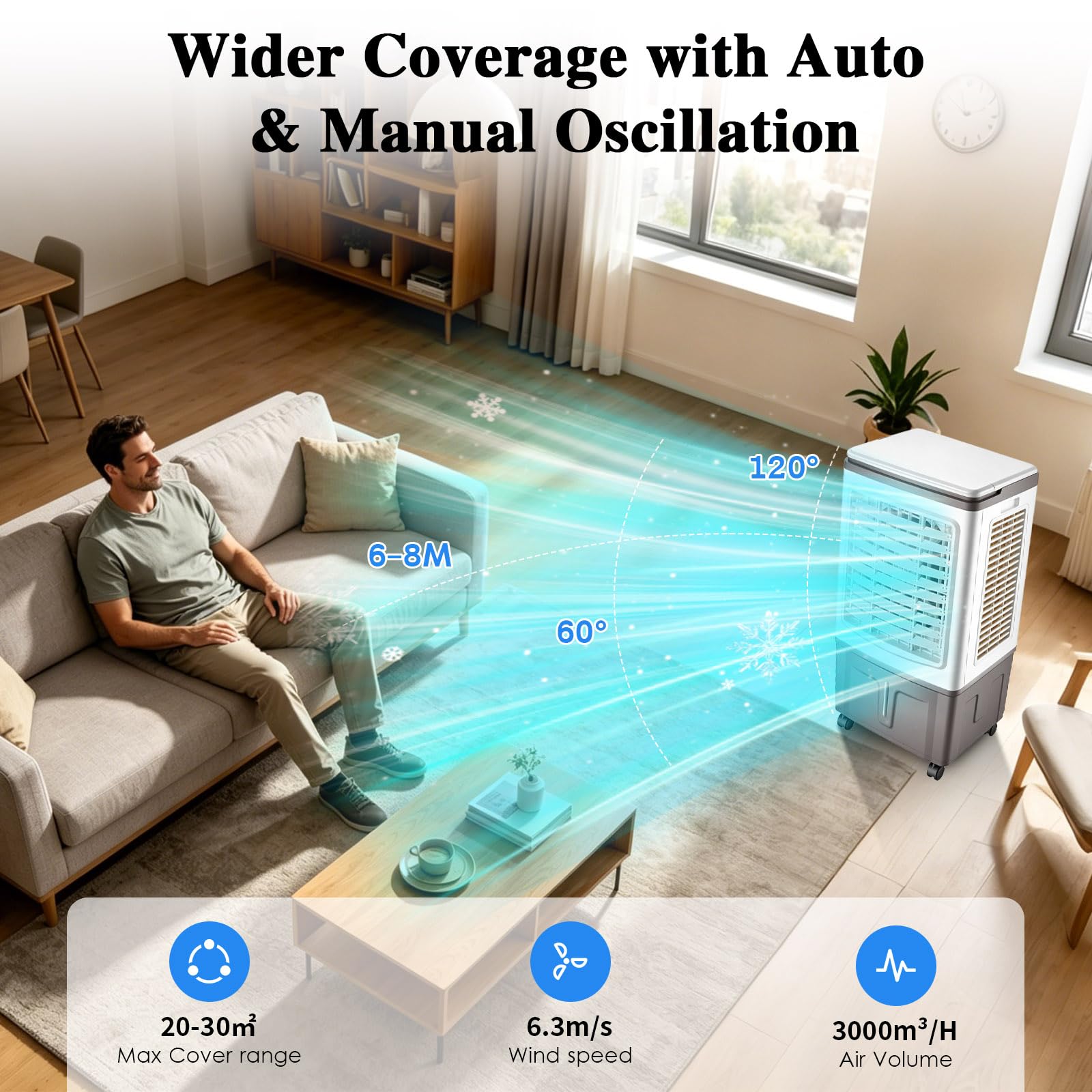 Raffrescatore Evaporativo 30L, Ventilatore ad Acqua con Telecomando e Siberini, Flusso d'Aria Potente, Grande Serbatoio, Climatizzatore Evaporativo Portatile per Grandi Ambienti, Salotto e Garage