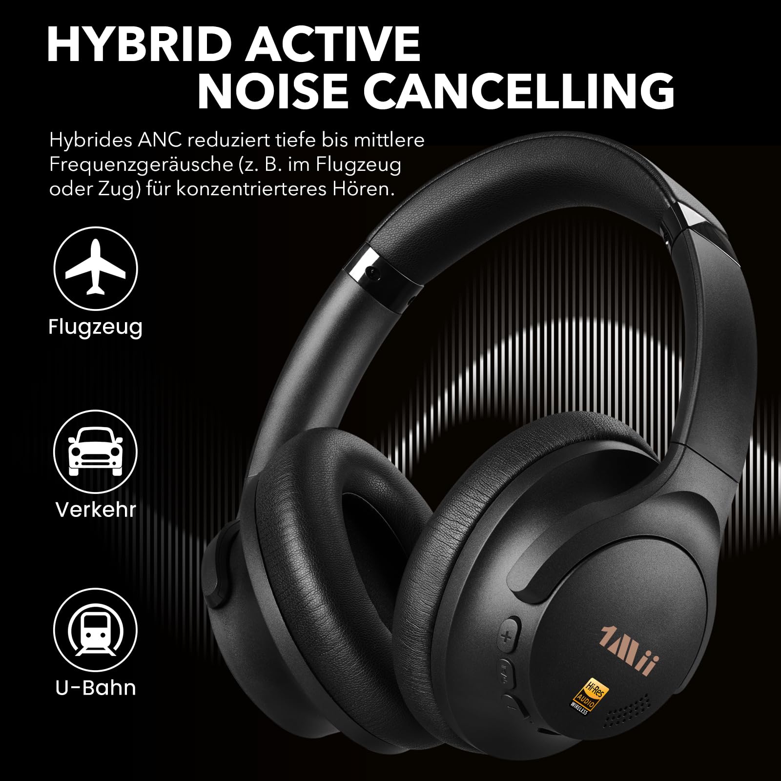 1Mii Y8+ Hybrid Active Noise Cancelling Kopfhoerer Over-Ear Bluetooth 6.0 Kopfhörer Kabellos mit 100h Spielzeit, Faltbar Bequemer, LDAC Hi-Res Audio, EQ via App, für Reisen und Flugzeug, Schwarz | Hybrid ANC, 100h Spielzeit, komfortabel, LDAC Hi-Res Audio