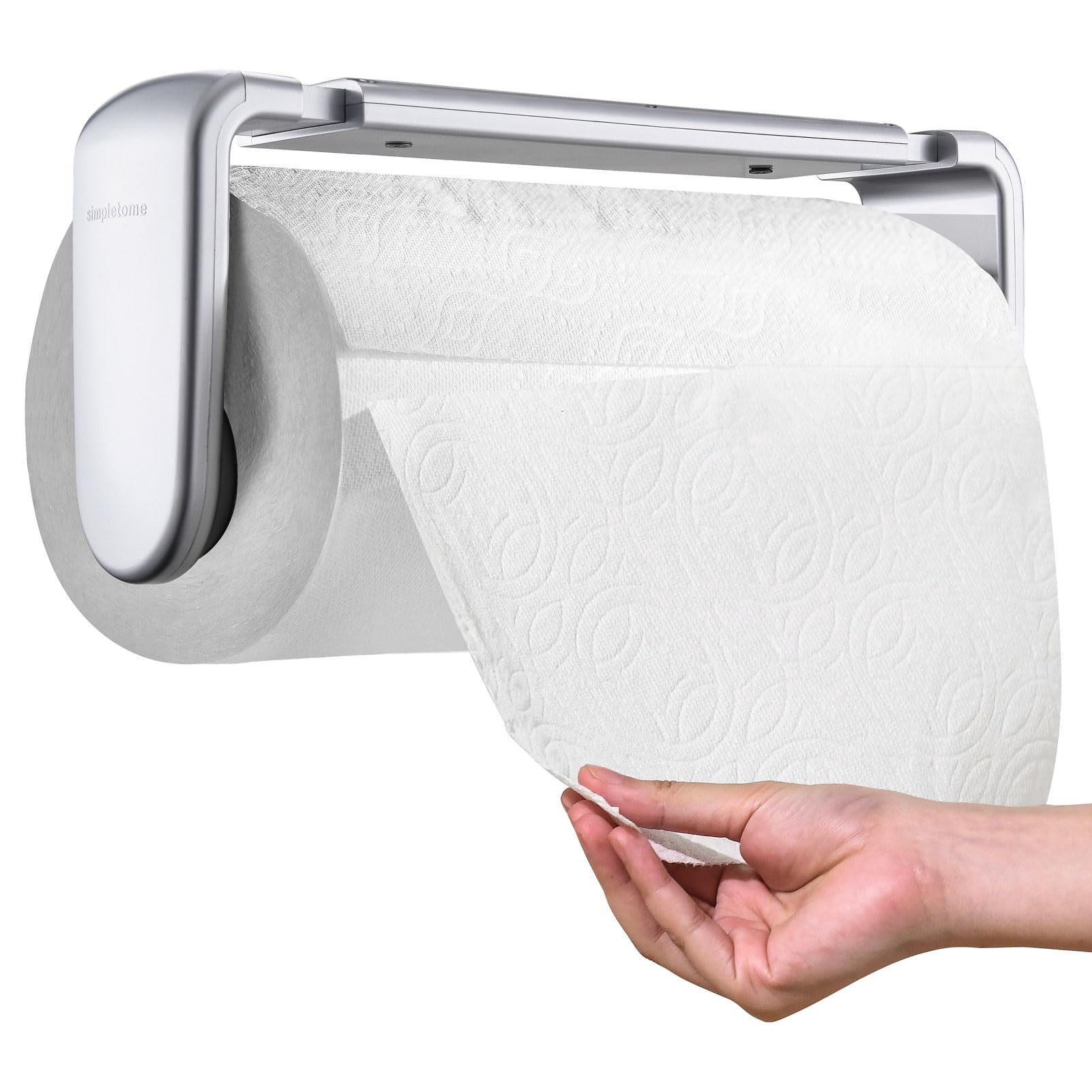 simpletome Paper Towel Holder Under Cabinet or Wall Mount ONE HAND Operation Tension Arm Kitchen Roll Holder (Silvery