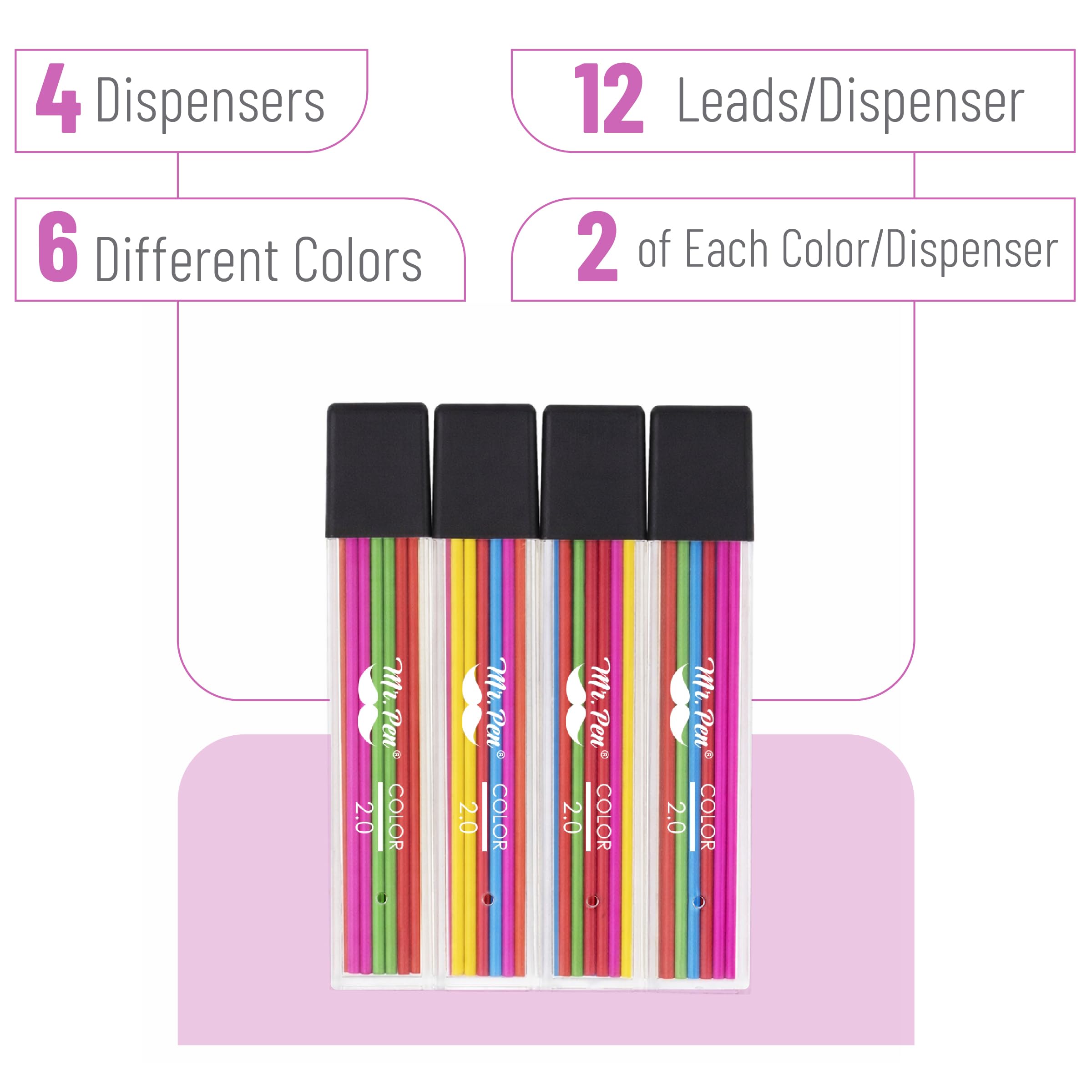Mr. Pen- 2mm Lead Refills, 48 Pack, Colored Mechanical Pencils 2.0 mm, Colorful 2mm Lead, Pencil Refill