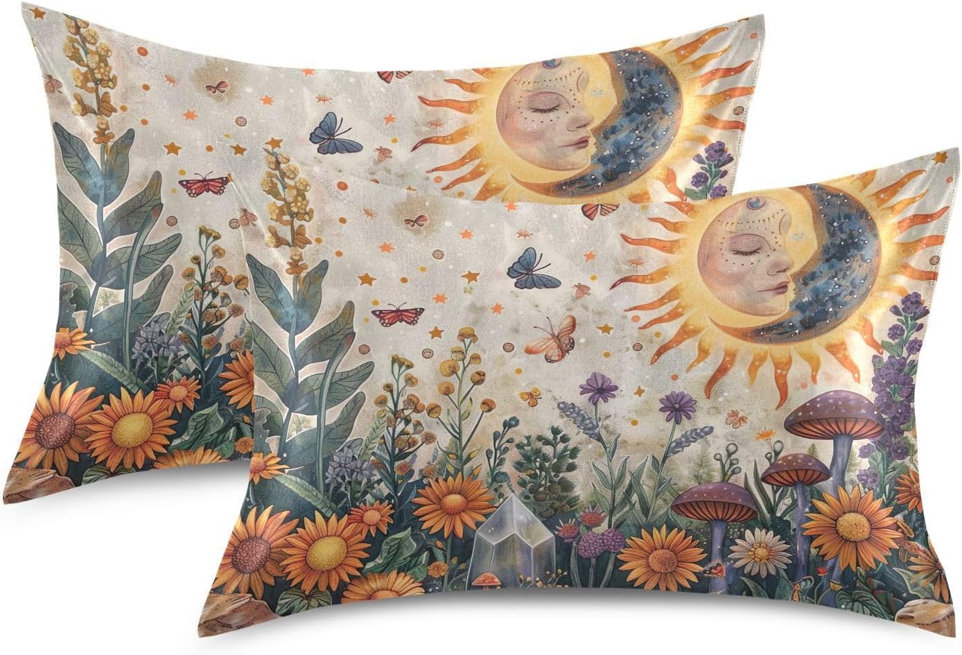 YETTASBIN Boho Sun Moon Satin Pillowcase, Soft Breathable Silk Pillow Case with Envelope Closure for Hair and Skin, Standard Size 26 x 20 Inch