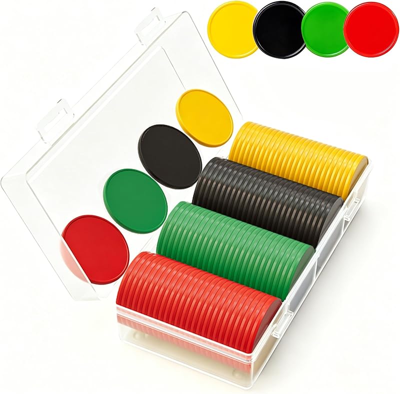 Mini fichas de juego de fichas de póquer con caja de almacenamiento, juego de 100 fichas de bingo | Contadores de aprendizaje de plástico opaco, (4 colores: rojo, amarillo, negro, verde), fichas de póquer de 1 pulgada, contadores de matemáticas