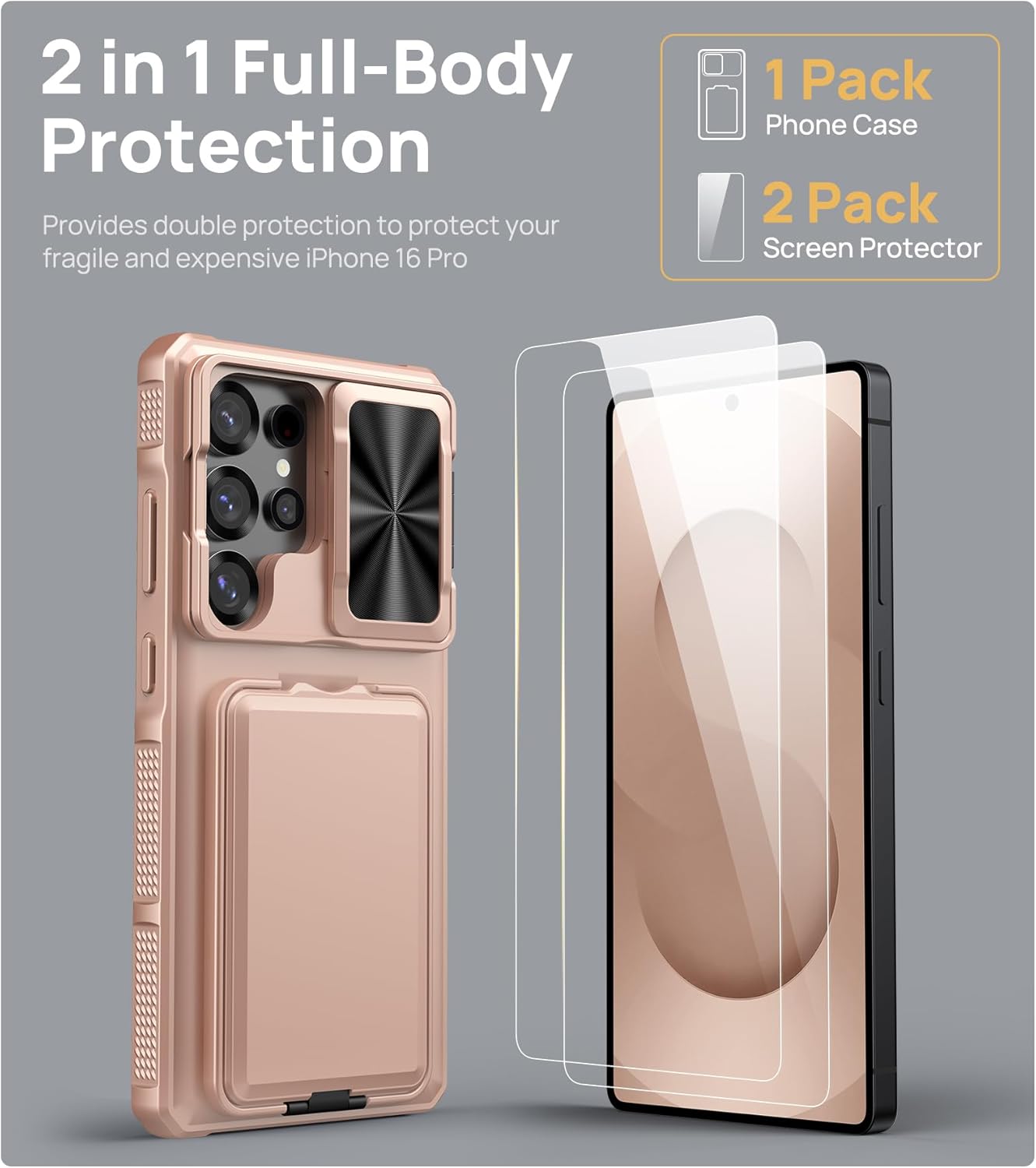 SSLOTSCASE for Samsung Galaxy S25 Ultra Case with 2X Screen Protector, [9H Hardness] Military Grade Shatterproof, Card Holder & Stand & Slide Lens Cover, Heavy Duty Phone Case for S25 Ultra, Rose Gold