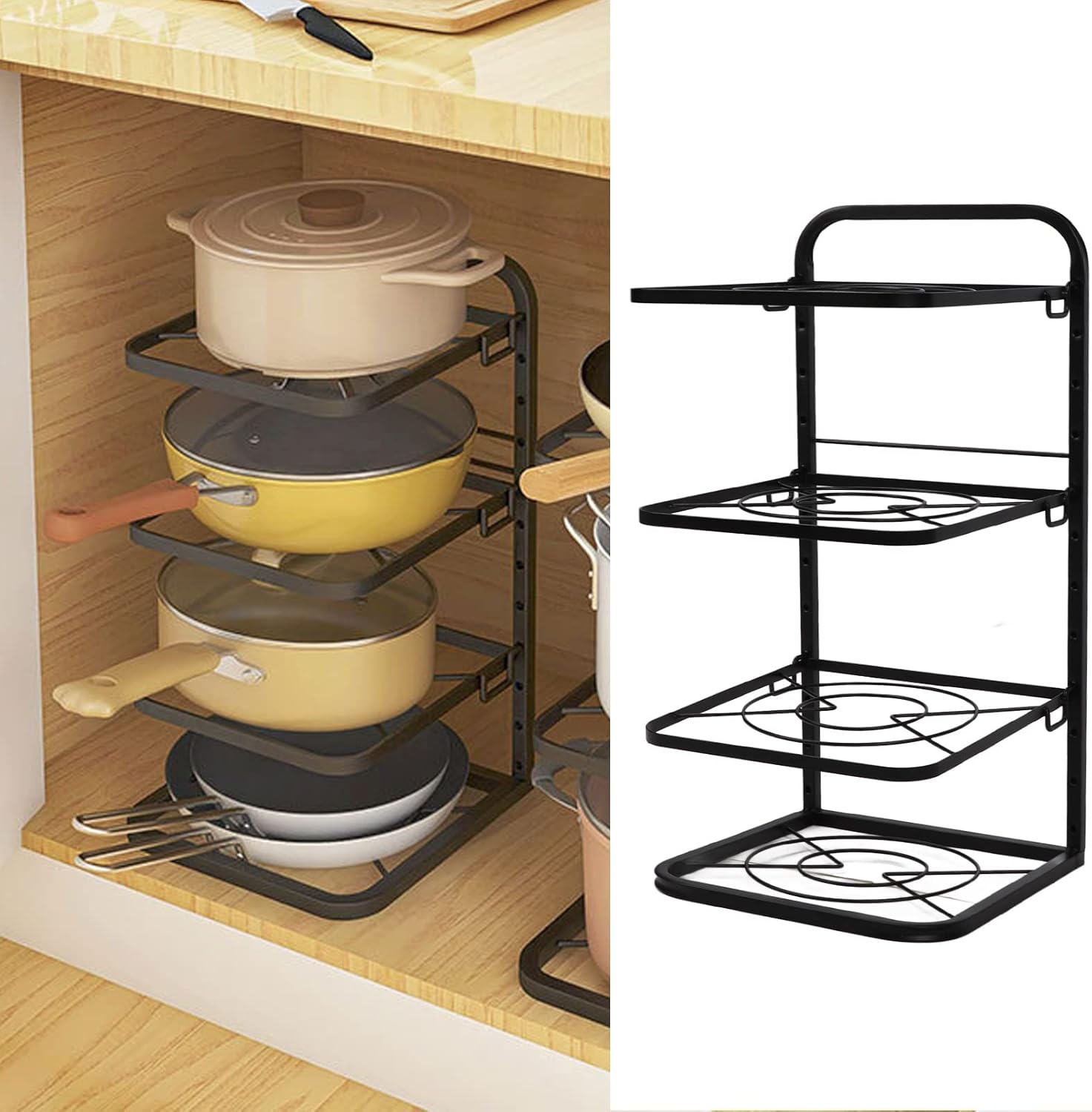 Mrisata 4 Tier Pan Rack Carbon Steel Pan Pot Organiser Rack MultiFunctional Saucepan Stand Pan