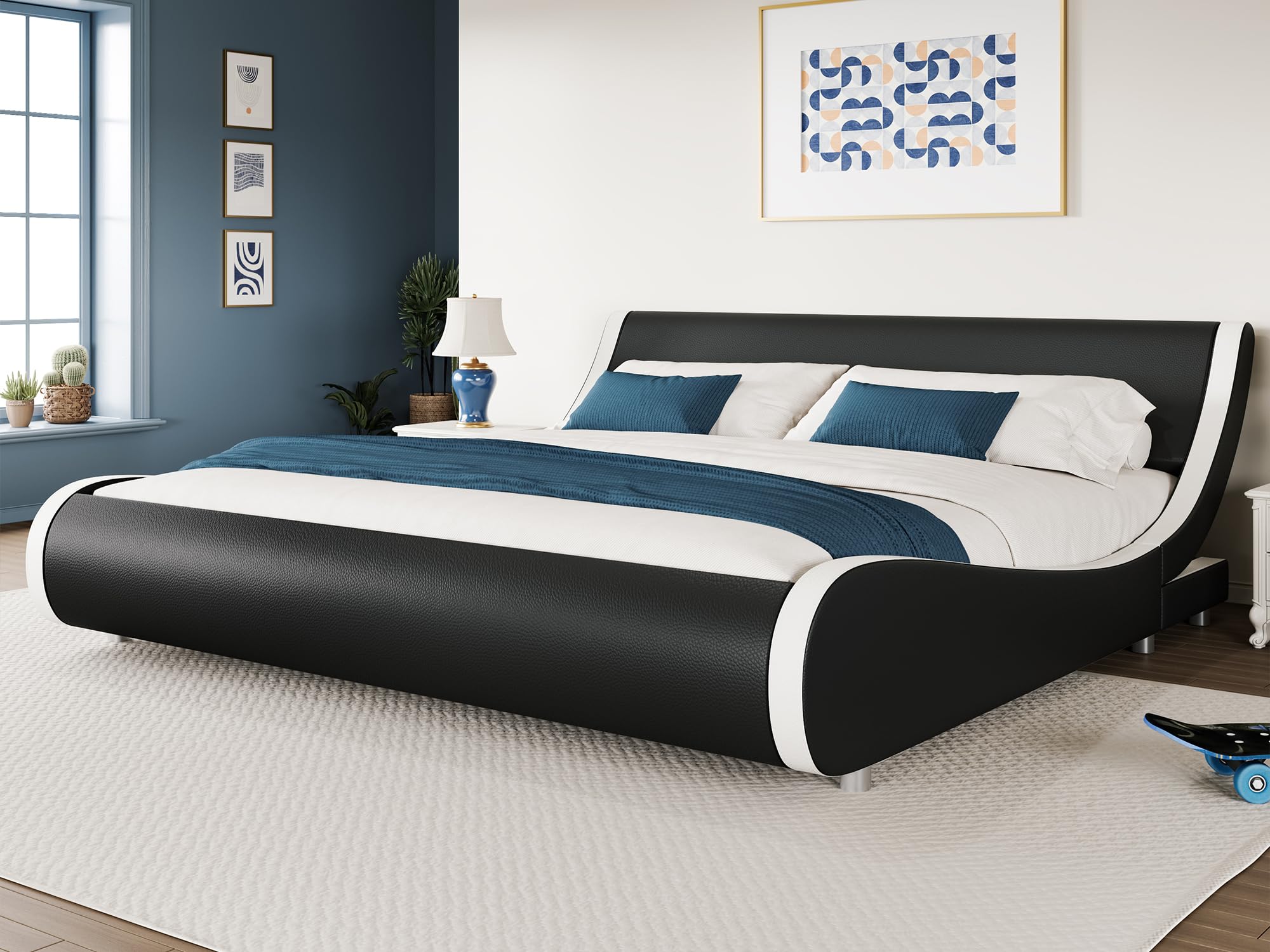 WEEWAY Modern King Size Upholstered Bed Frame with Adjustable Headboard Faux Leather Platform Sleigh Bed Wooden Slat Support