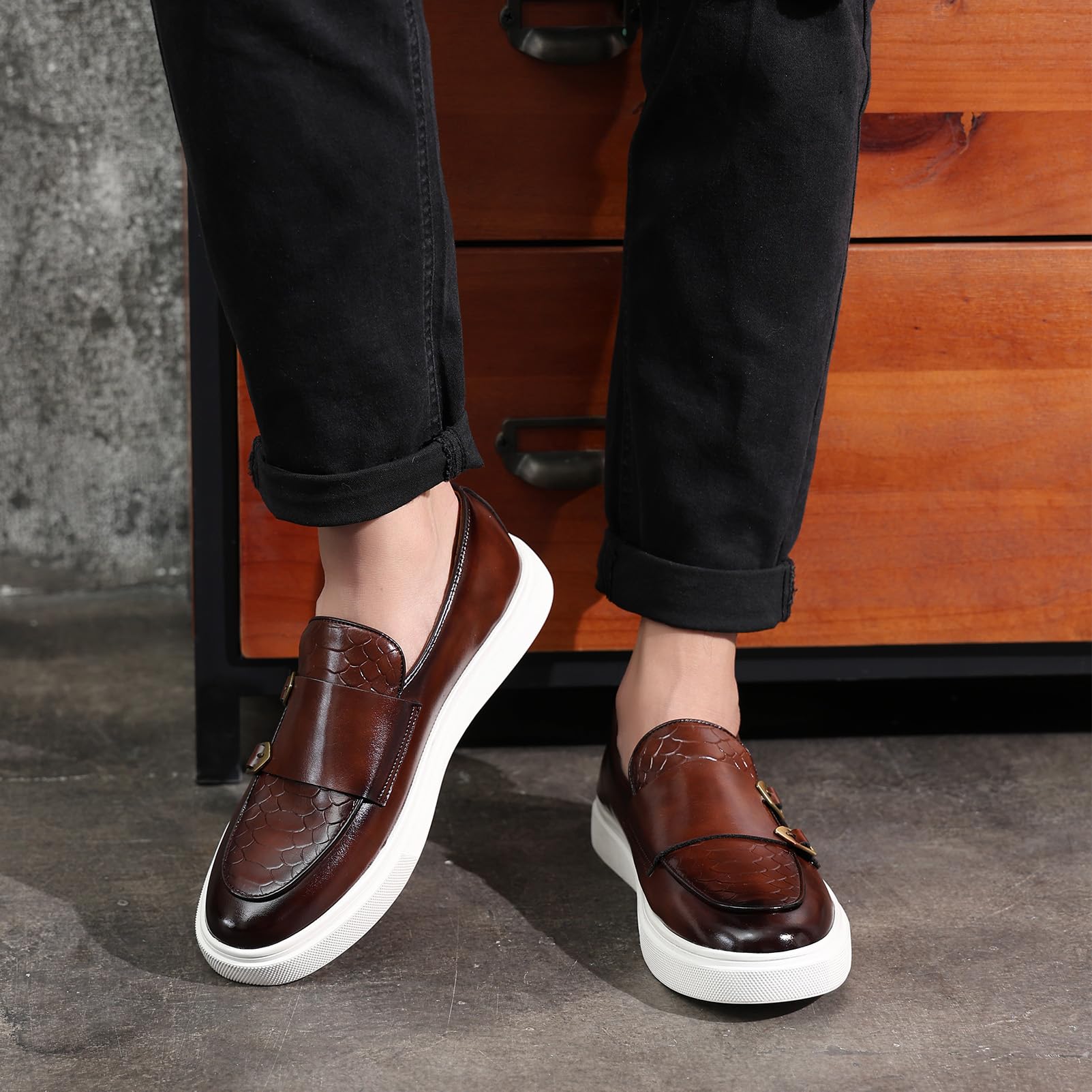 ANUFER Uomo Eleganti Doppio Monaco Fibbia Mocassini Casual Slip-On Piattaforma Scarpe da Ginnastica