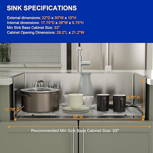 Miniatura 6 de Dcolora DC-T7742 - Fregadero de cocina de 30 pulgadas con caída en la parte superior, de acero inoxidable 304, calibre 16, con esquina redonda, 30 x