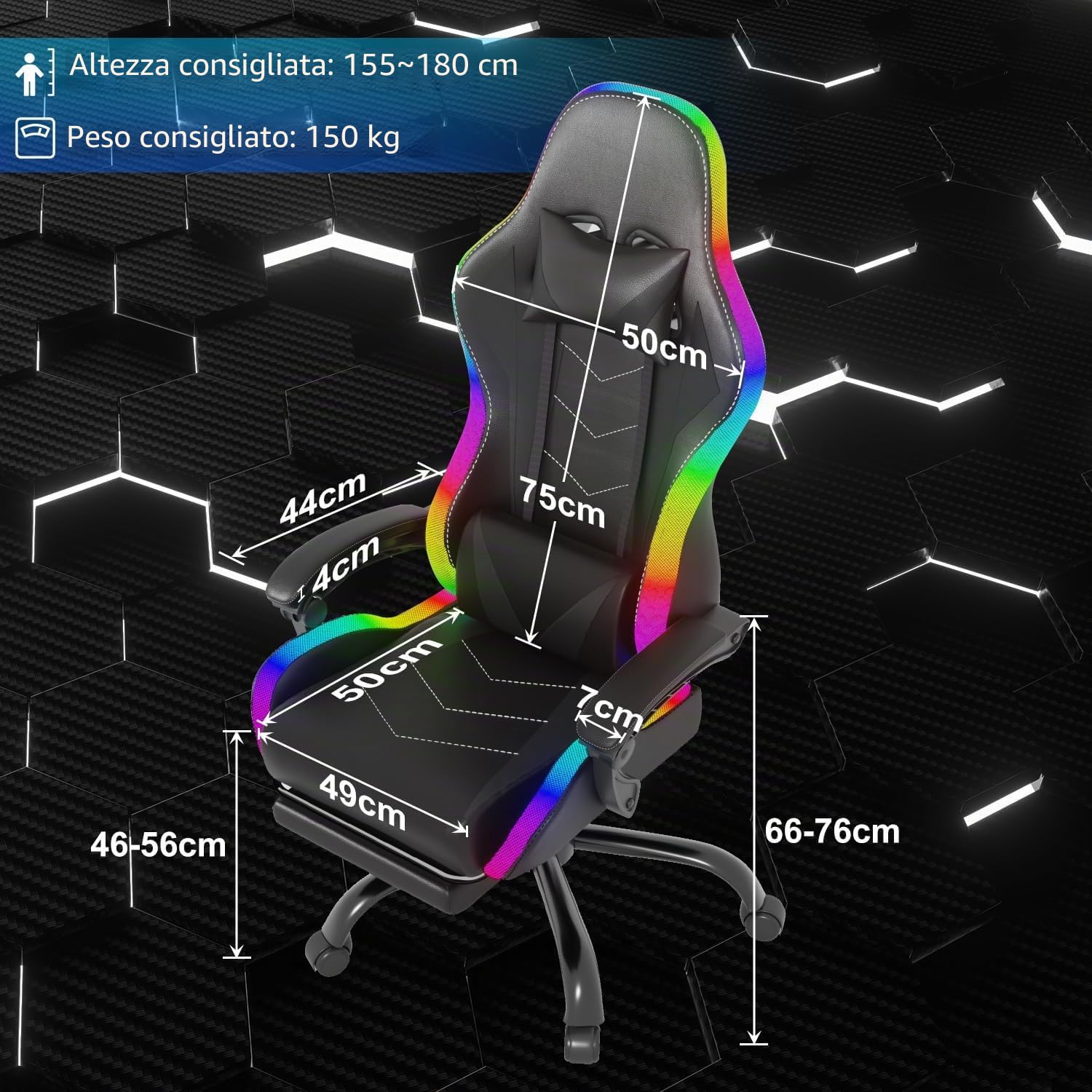 JUMMICO Sedia da gioco con LED, Cool Racing Gamer, sedia ergonomica da ufficio con funzione massaggiante, schienale regolabile 90-135°, con poggiapiedi telescopico, capacità di carico 150 kg, colore