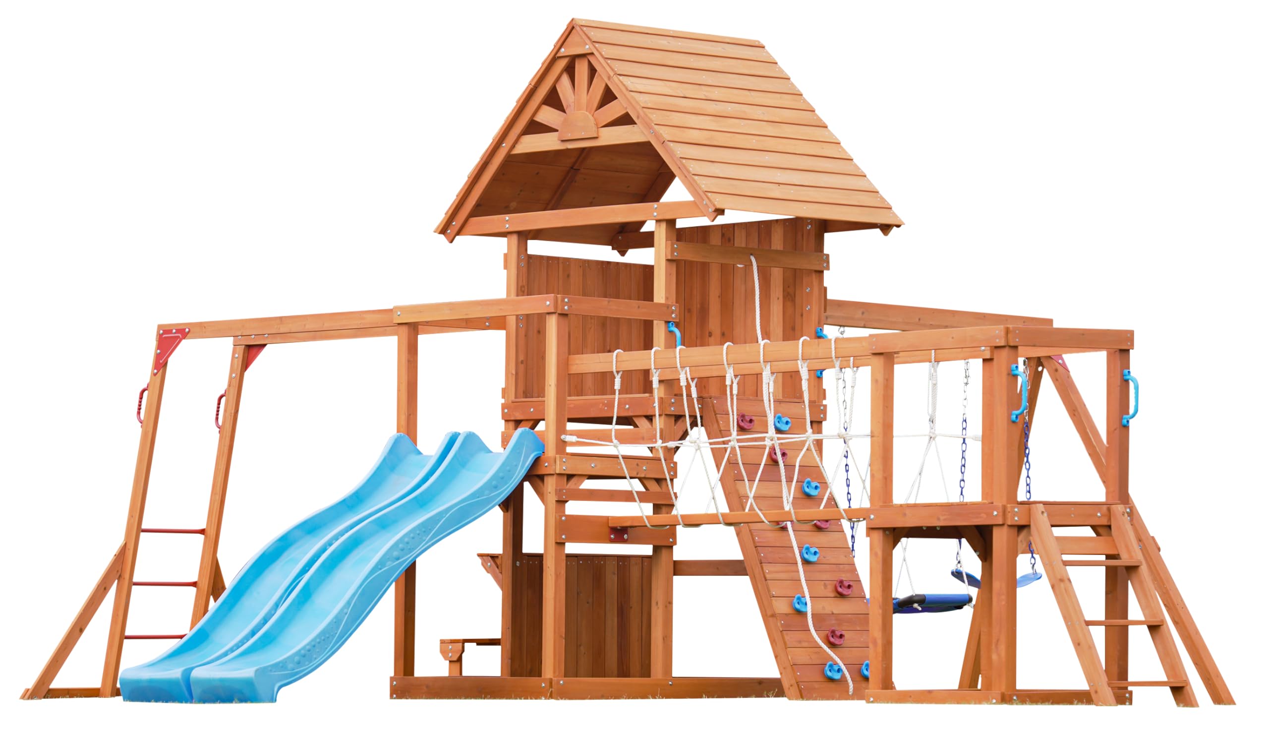 Dolphin Playground Swing Sets for Backyard with Plank Bridge, Wooden Playground Sets for Backyards with 2 Wave Slides, Monkey bar, Outdoor Table, Saucer Swing, Large Climbing Wall, Outdoor Playset