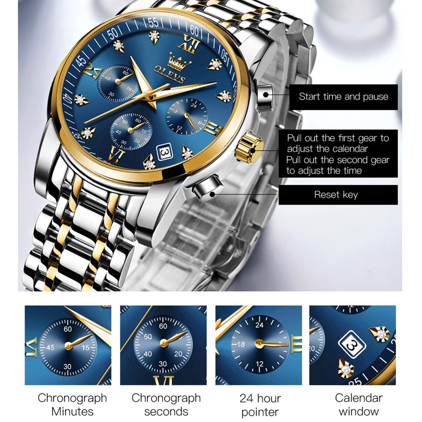 OLEVS Mens Watches Waterproof Stainless Steel Adjustable Bracelet Watch Quartz Analog Watch for Men Fashion Business Classic Mens's Wrist watch's Casual Watches Gold/Blue/Black/White/Face/Dial