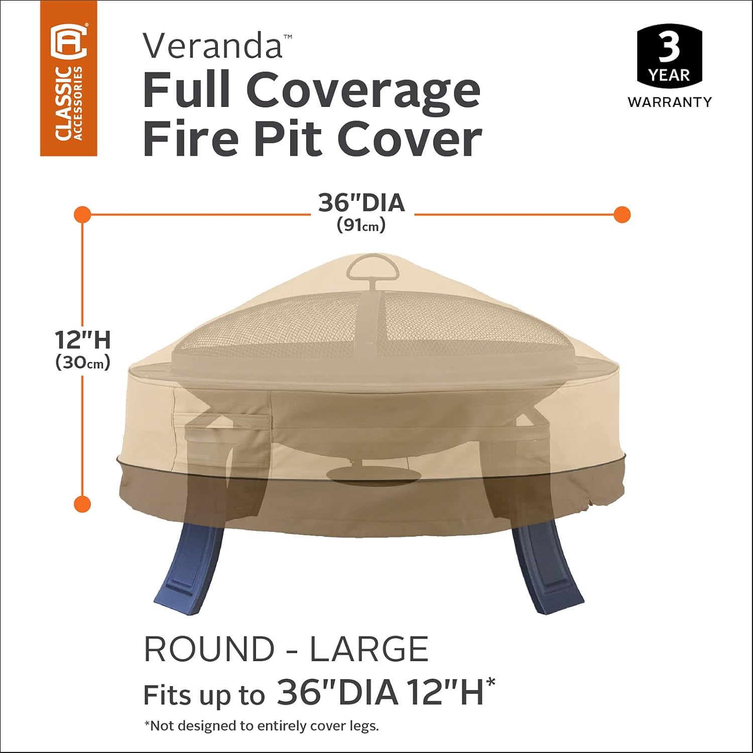 Classic Accessories Veranda Full Coverage Fire Pit Cover Pebble/Large/Round, Patio Furniture Covers : Patio, Lawn & Garden