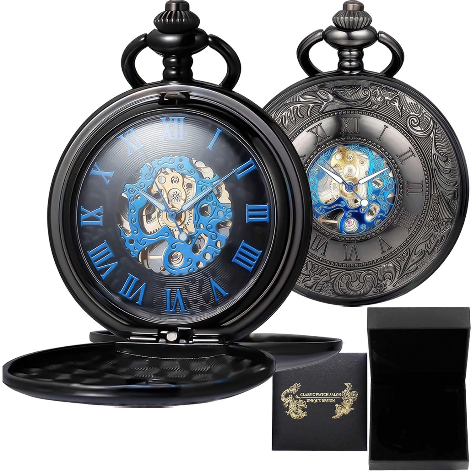 Relojes de bolsillo de esqueleto mecánicos con números romanos con caja y cadenas para hombres y mujeres, Aa. Negro y azul, Casual