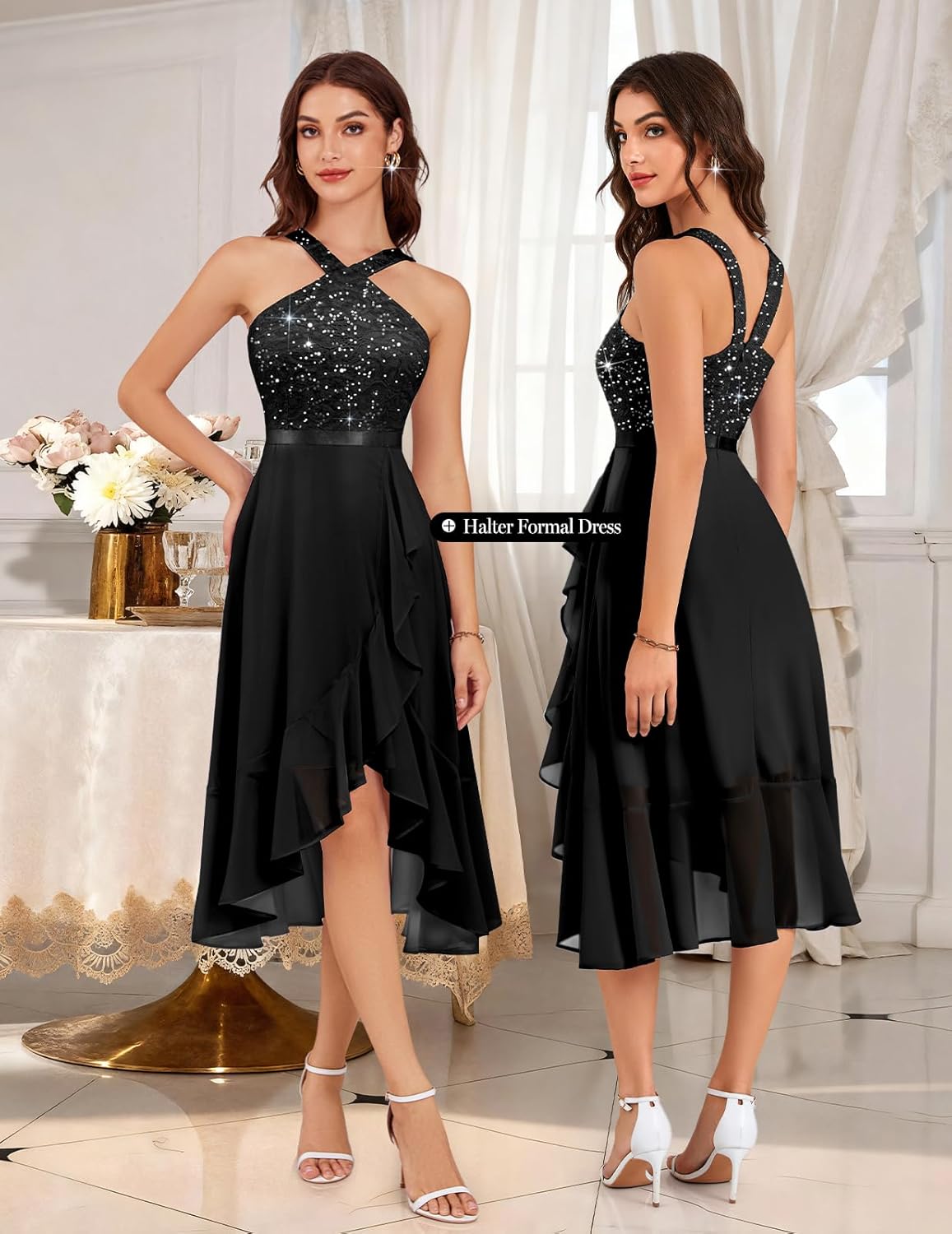 Bbonlinedress Women's Halter Cocktail Dresses Sequin Hi-Lo Prom Formal Evening Wedding Guest Bridesmaid Dress for Teens 2026 - Image 2