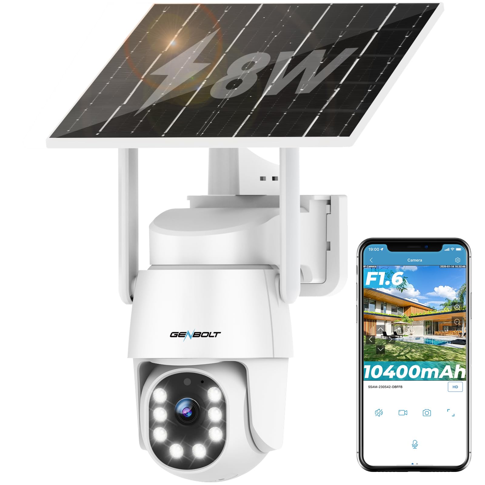 GENBOLT 2K AOV WiFi Kamera Zewnętrzna Solarna, Nagrywanie 24/7 Kamera IP Zewnętrzna Monitoringu PTZ z Wykrywaniem AI 90FT, Kamera CCTV Baterią 8W 10400 mAh, Automatisk Spårning, Aktivt försvar