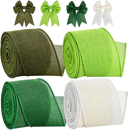TONIFUL 4 rollos de cintas de arpillera de colores con alambre, verde y blanco, 2 pulgadas x 40 yardas, cintas de arpillera sintética, para el día