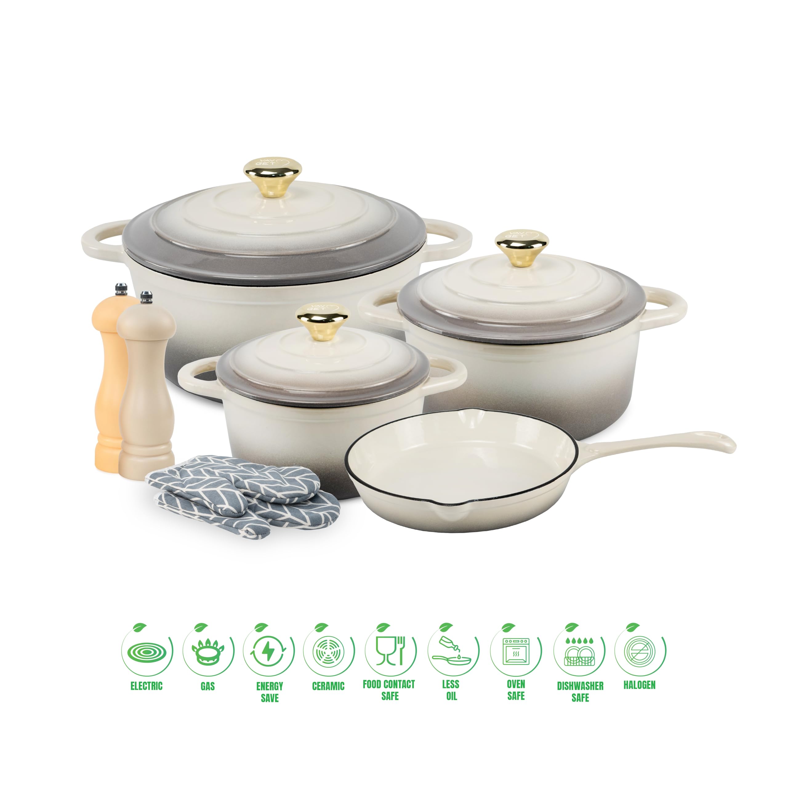 VAV GET 7-Piece Cast Iron Dutch Oven Cookware Set with Gloves and Mills, Cream, Large, 24cm, 21cm, 18cm, Includes Lids, Oven, Induction, Dishwasher Safe