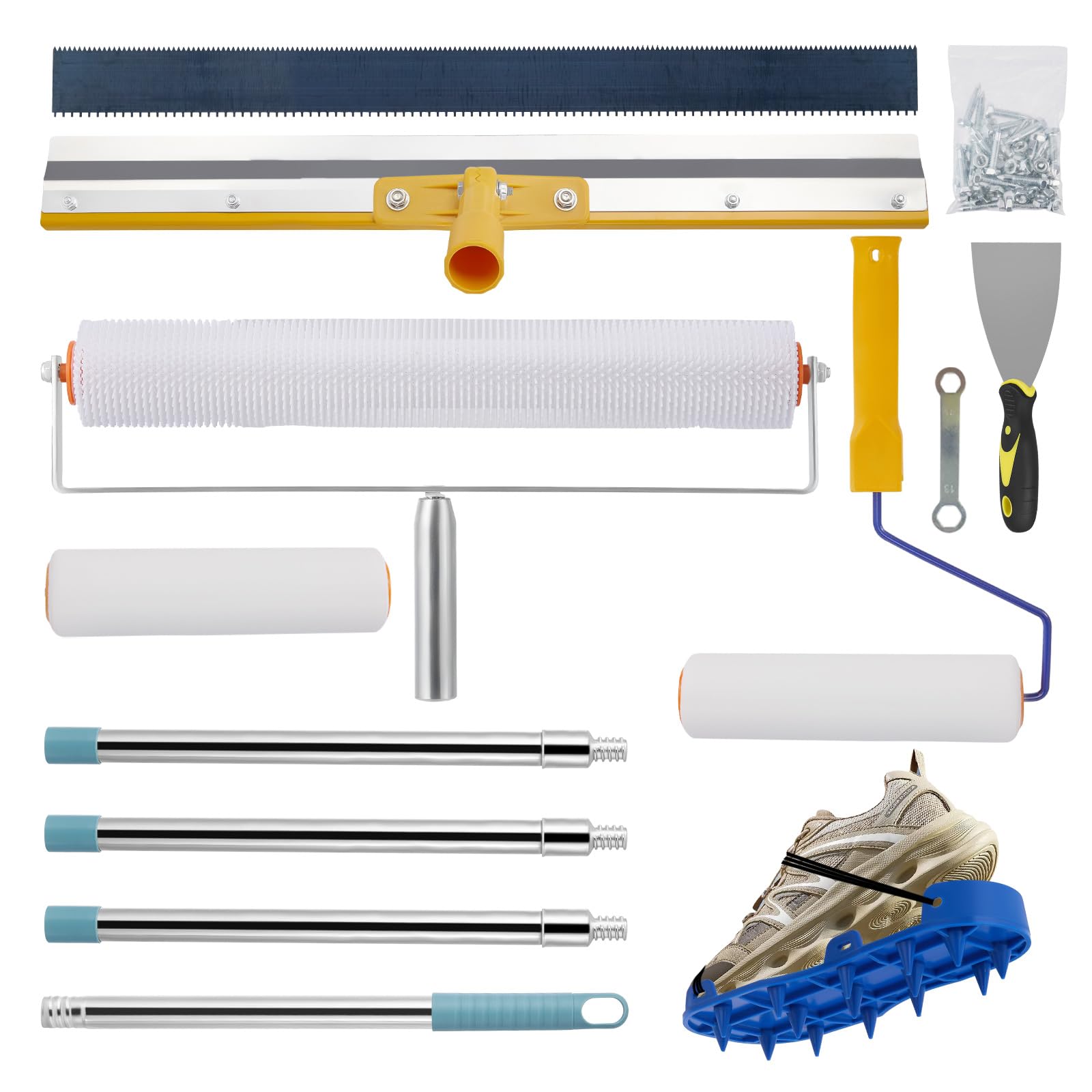 Self Levelling Cement Tool Kit,Epoxy Floor Paint Tools for Self Leveling Cement,Extension Pole,Stainless Steel Scraper,Self-Leveling Rake,Spiked Shoes,Floor Construction Tool Spiked Roller