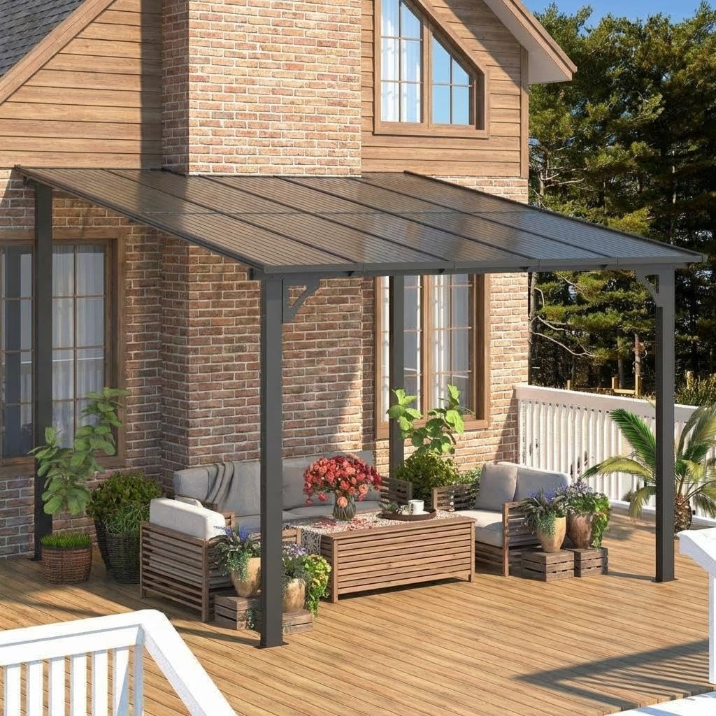 Photo 1 of ***MISSING PIECES -SELLING AS INCOMPLETE PARTS ONLY*** 10'X12' Hardtop Wall Mounted Gazebo with Gutters & Galvanized Steel Roof, 60MPH Wind Resistance, Lean to Gazebo Pergola with Sloped Roof for Deck, Porch, Backyard and More, Black