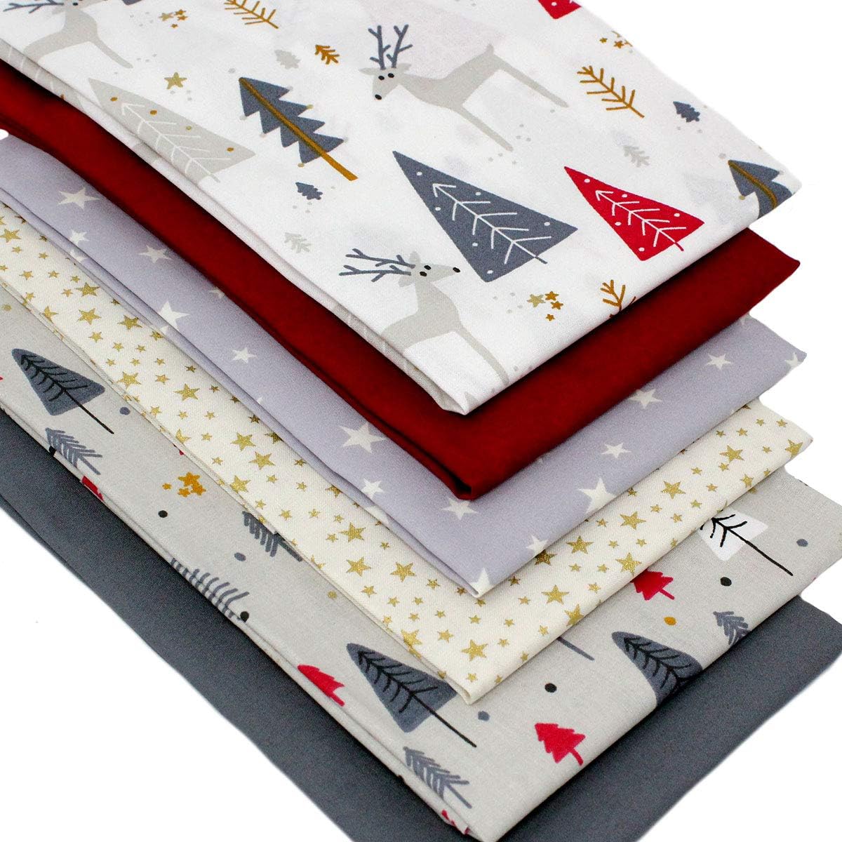 6 Fat Quarters Bundle - Jolly Christmas - Reindeer, Santa, Stars & Festive Dogs. 100% Cotton Fabric, Red & Greys. for Quilting & Craft Sewing (Free Patchwork Pattern by Overdale Fabrics)