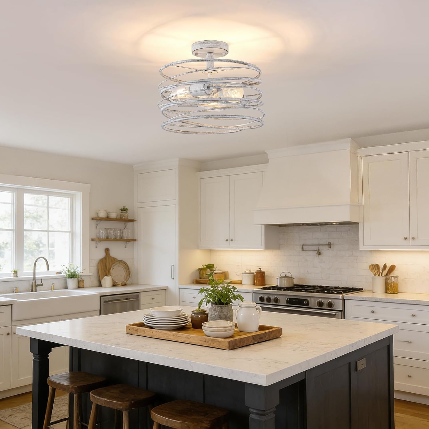 White 3-Light Rustic Drum Semi Flush Ceiling Light Fixture, Retro Farmhouse Chandeliers Metal Cage for Dining Room, Industrial Pendant Light Fixture for Entryway Kitchen Foyer Bedroom