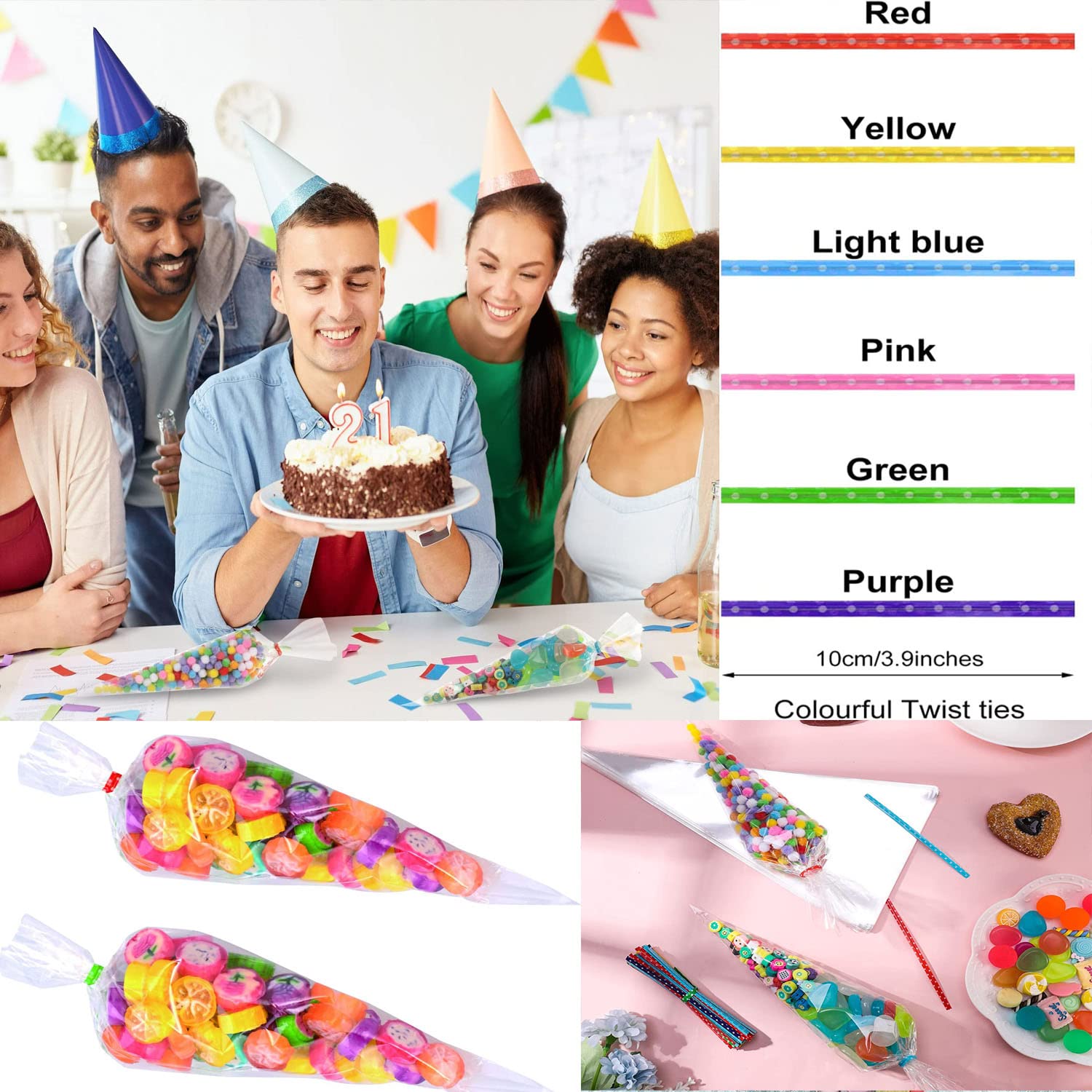 100 Süßigkeiten-Tüten Aus Cellophan + 120 Twist Ties – Transparent Mit Bunten Mustern – Für Party, Hochzeit, Geburtstag