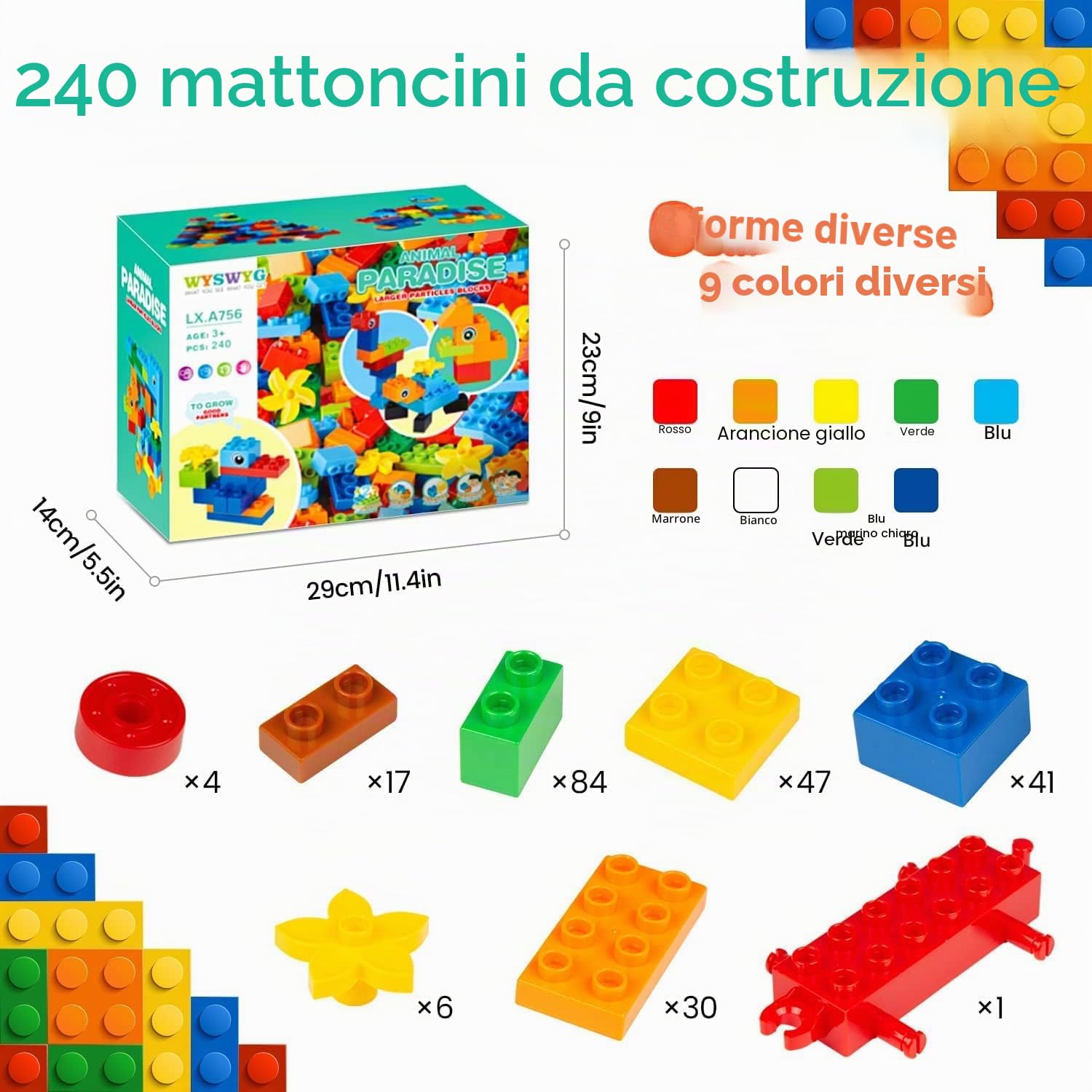 WYSWYG set di blocchi grandi, compatibile, set iniziale per scatole di blocchi, blocchi base colorati, adatto per 3-4-5 anni, 240 pezzi