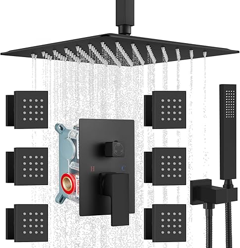 gotonovo Juego de grifo de ducha mezclador de lluvia montado en el techo, color negro mate, cabezal de ducha cuadrado de 12 pulgadas con 6 chorros