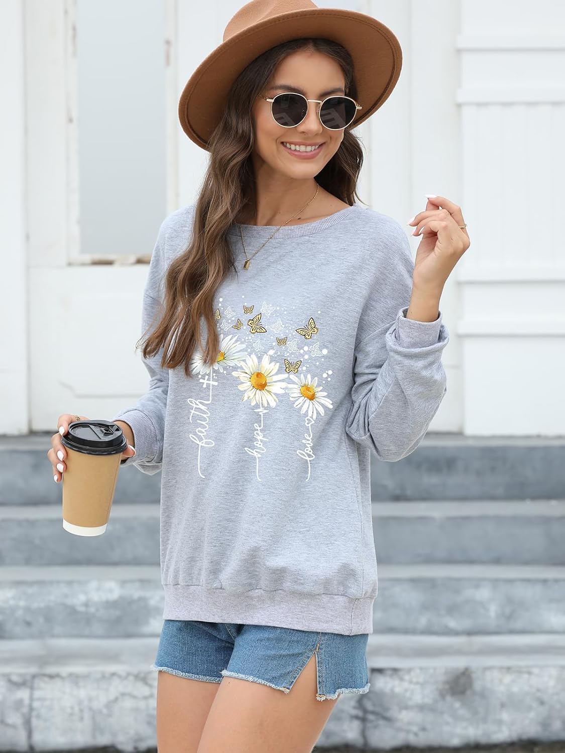 Women’s Christian Sweatshirts,Faith Hope Love Daisy Print Crewneck Long Sleeve Casual Loose Fit Sweatshirt - Image 3