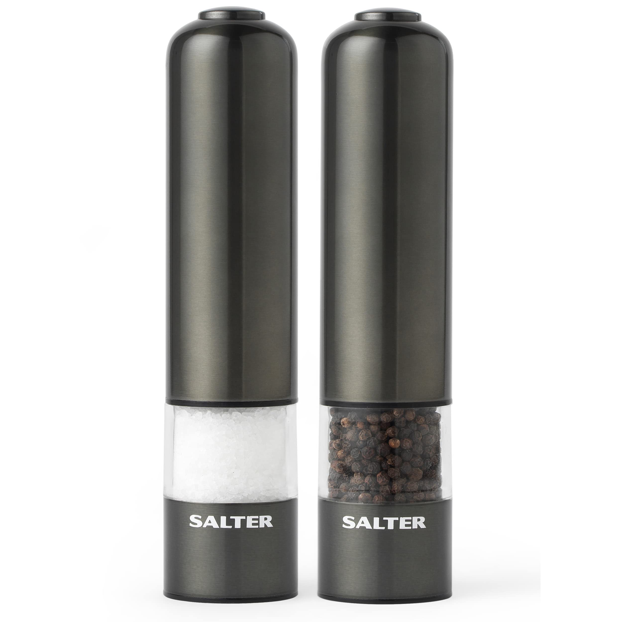 Salter 7538 GMXR Młynki do soli i pieprzu z kablem USB, łatwa obsługa jedną ręką, mechanizm ceramiczny, regulowany stopień mielenia od drobnego do grubego, metalowe wykończenie ze stali nierdzewnej